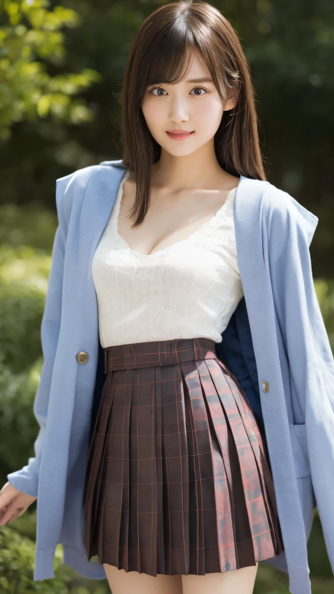 smile、night、Raw photo、(((ultimate beauty portrait)))、((glowing skin))、1 girl、 beautiful girl from Prague、bright look、((brown hair))、(cleavage)、(plaid pleated skirt:1.5)、((Big eyes that shine like jewels))、open cardigan、open your clothes、pantyhose、Glossy and glossy skin、(medium hair)、(silky ponytail hair)、(standing)、(from below)、under the skirt、under the skirt、(from below下着の接写)、eyeliner、beautiful bangs、hair between eyes、((masterpiece、最high quality、super detailed、film light、intricate details、High resolution、very detailed))、detailed background、8KUHD、Digital single-lens reflex camera、soft light、high quality、film grain、Fujifilm XT3 、shallow depth of field、natural soft light、Kamimei、rich bust