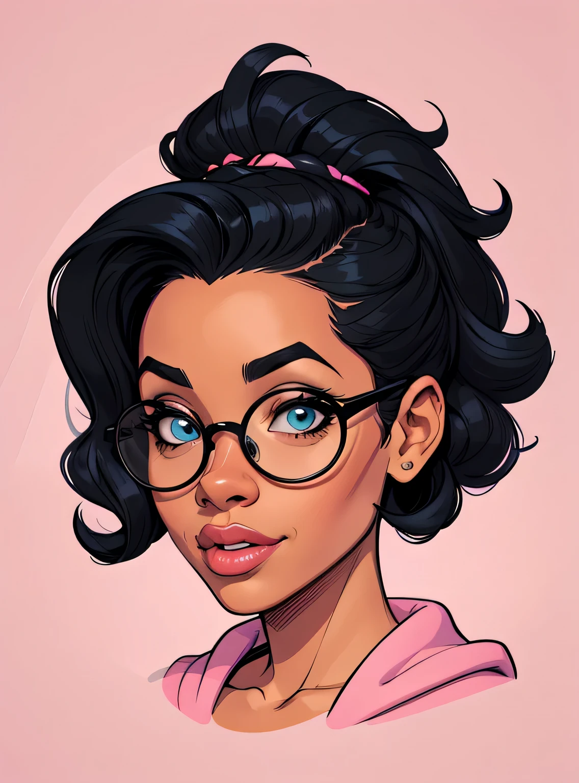 (estilo de desenho animado:1.2), Cartoon image of a woman with big African hair and big round glasses, garota negra super fofa e descolada, cartoon style illustration, estilo de arte dos desenhos animados, estilo de arte dos desenhos animados, digital illustration style, design de personagens altamente detalhado, arte digital detalhada fofa, City Girl Fan Art, design de personagem retrato, beautiful digital illustration, retrato de alta qualidade, arte em quadrinhos, Africa, retrato do design do personagem, fundo rosa