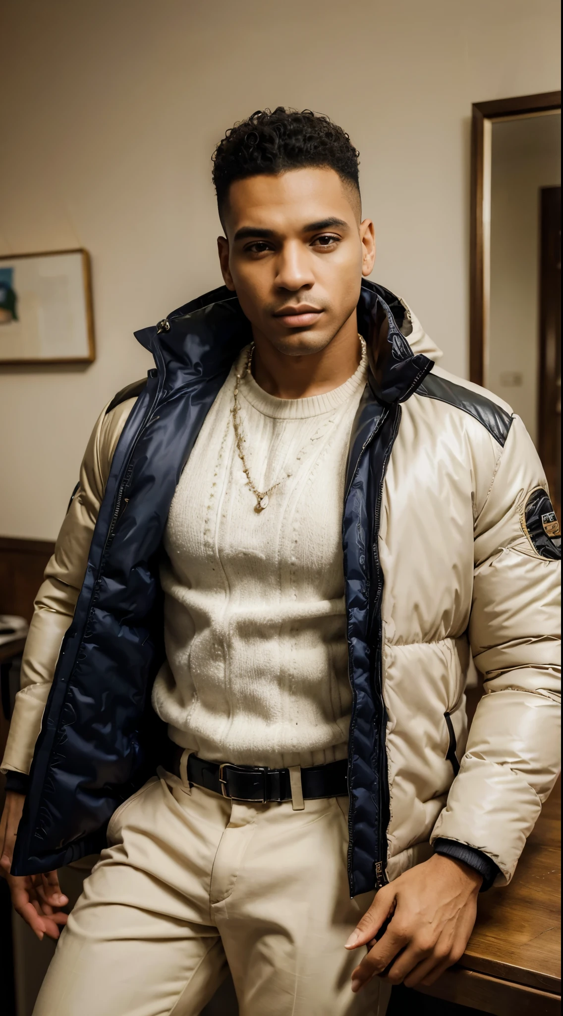 ((melhor qualidade)), ((obra de arte)), (detalhado), rosto perfeito, homem com jaqueta puffer, jaqueta puffer extravagante, homem usando jaqueta puffer bonita, todo corpo, visto de frente , afro-americano, homem negro