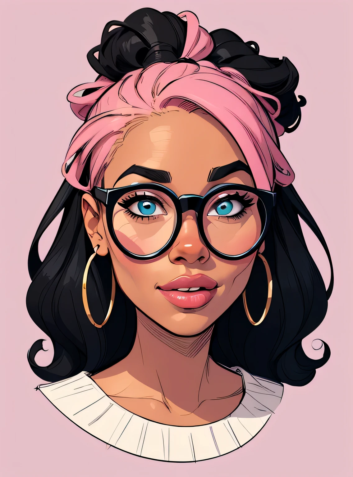 (estilo de desenho animado:1.2), Cartoon image of a woman with big African hair and big round glasses, garota negra super fofa e descolada, cartoon style illustration, estilo de arte dos desenhos animados, estilo de arte dos desenhos animados, digital illustration style, design de personagens altamente detalhado, arte digital detalhada fofa, City Girl Fan Art, design de personagem retrato, beautiful digital illustration, retrato de alta qualidade, arte em quadrinhos, Africa, retrato do design do personagem, fundo rosa