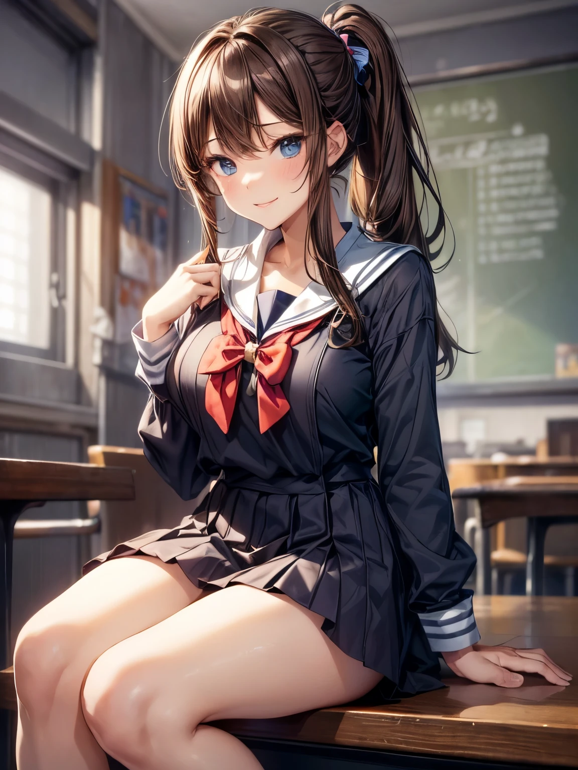 highest quality、All limbs、full finger、((one beautiful woman、solo))、((brown haired woman:1.3))、ponytail、big breasted woman、((sailor suit:1.2))、Dark blue skirt、big smile、high socks、school classroom、Hands on knees