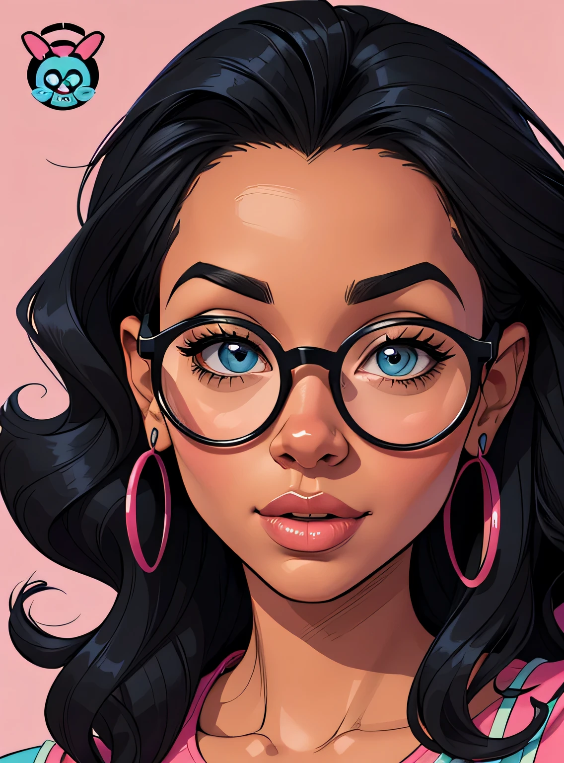 (estilo de desenho animado:1.2), Cartoon image of a woman with big African hair and big round glasses, garota negra super fofa e descolada, cartoon style illustration, estilo de arte dos desenhos animados, estilo de arte dos desenhos animados, digital illustration style, design de personagens altamente detalhado, arte digital detalhada fofa, City Girl Fan Art, design de personagem retrato, beautiful digital illustration, retrato de alta qualidade, arte em quadrinhos, Africa, retrato do design do personagem, fundo rosa