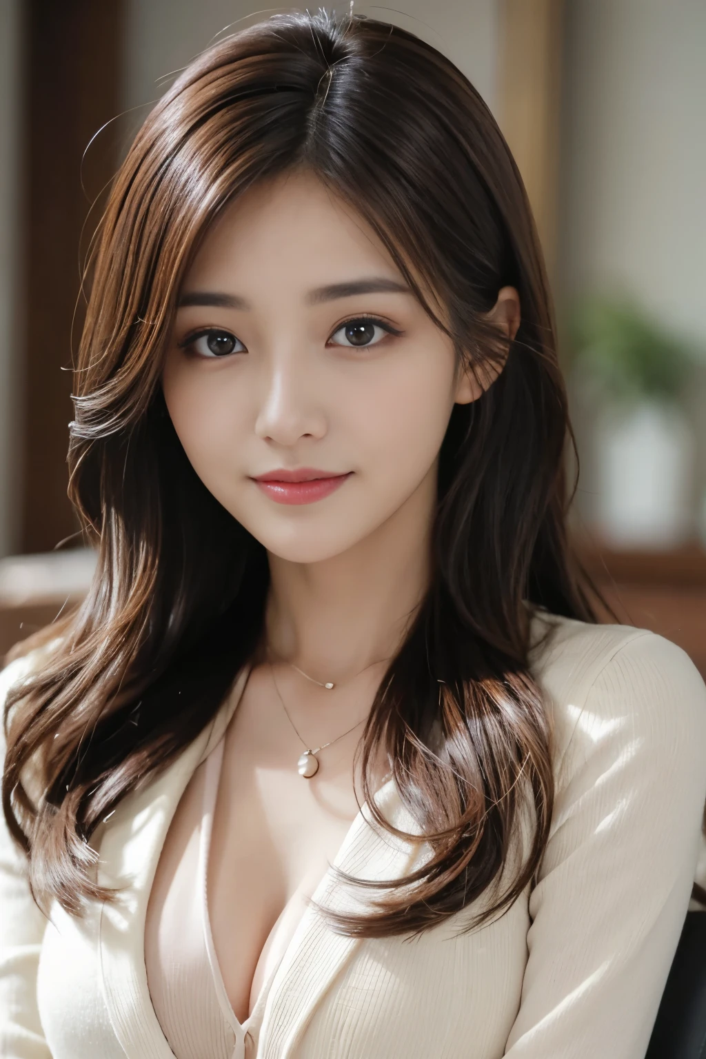 table top、highest quality、genuine、Super detailed、finely、High resolution、8k wallpaper、one beautiful woman、、、light brown disheveled hair、wearing a business suit、sharp focus、perfect dynamic composition、beautiful and fine eyes、thin hair、詳細なgenuineな肌の質感、smile、close-up portrait、model body shape