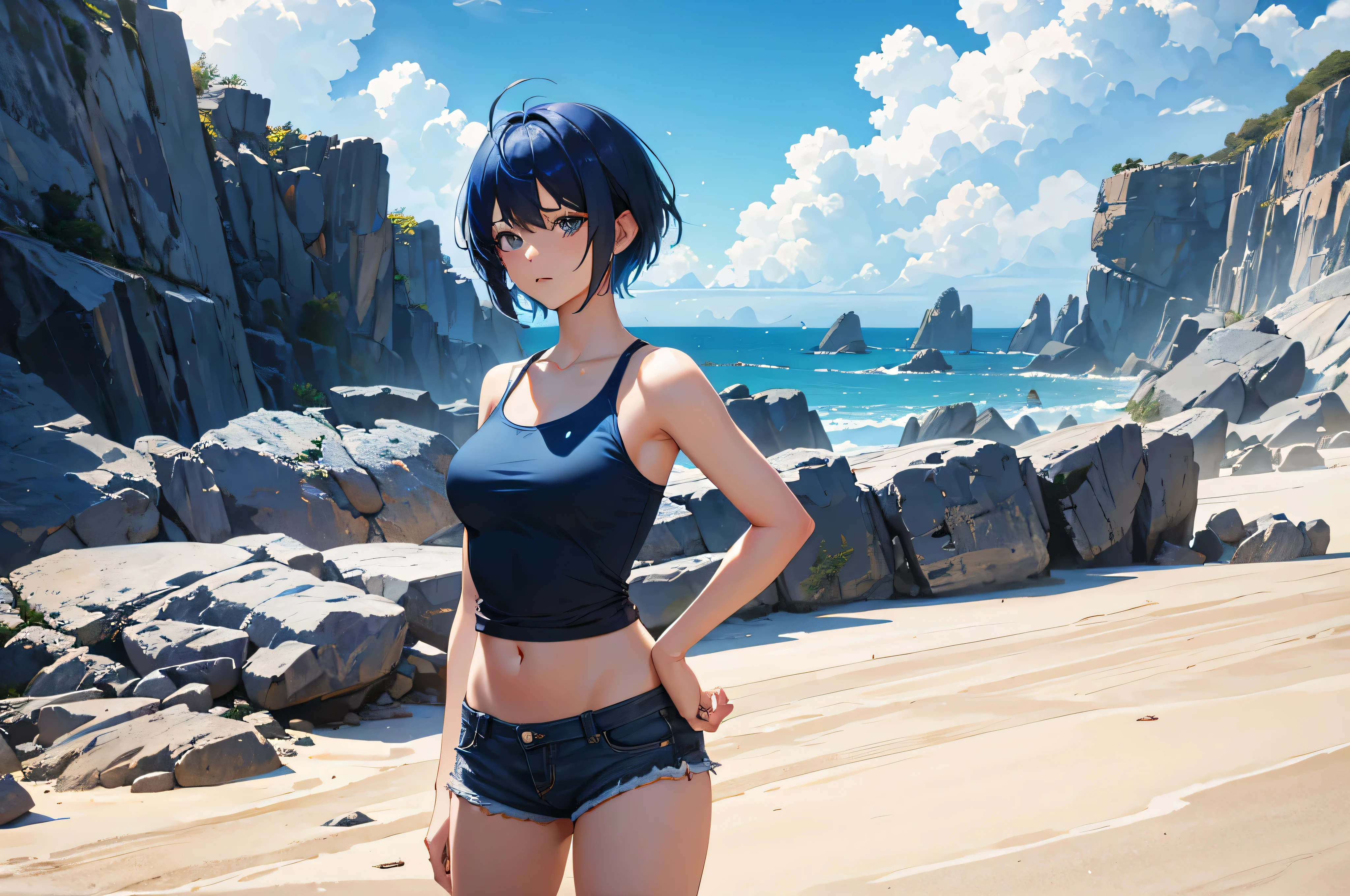 aaaqua, cabelo curto, cabelo azul, olhos azuis, medium breasts, gola alta, aproveitar, camisa azul, Mangas destacadas, espartilho, shorts pretos, capa de cintura, coxas pretas, luvas sem dedos, Olhando para o visualizador, clear sky, transparent water landscape,standing, vista da frente, retrato, tiro de vaqueiro