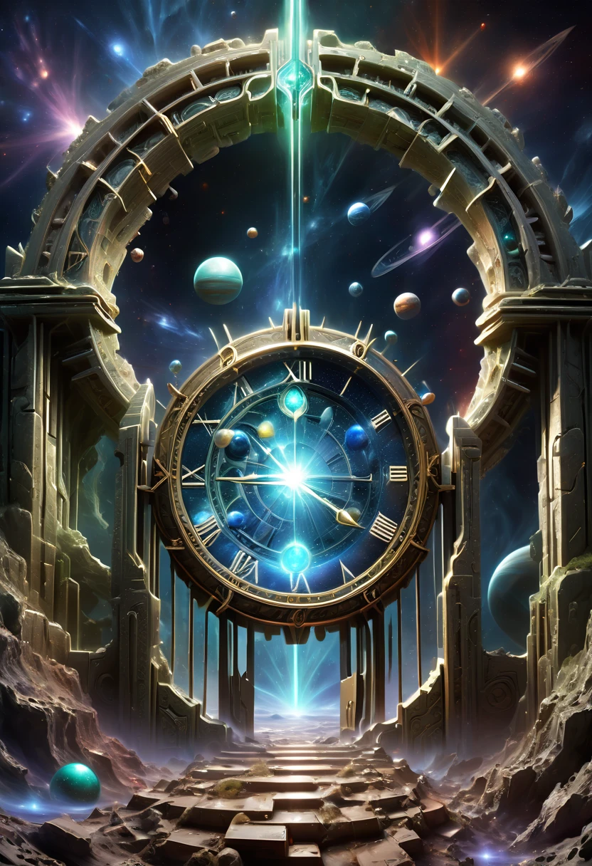 ((Forgotten Gate of Time and Space:1.8)),time portal,ruins,Alien planets,desolate planet,Mysterious gate,Interdimensional portal,door with arch,intricate engraving,glowing crystal,portal to another dimension,Time travel,lost,lost civilizations,door to another world,portal to another dimension,intricate engraving,glowing crystal,portal to another dimension,Time vortex,The art of math,(best quality,8k,high resolution,masterpiece,Super detailed,lifelike,UHD,studio lighting,Ultra-fine oil painting,sharp-focus,Physically based rendering,Extreme details,major,Vivid colors,Extremely detailed)