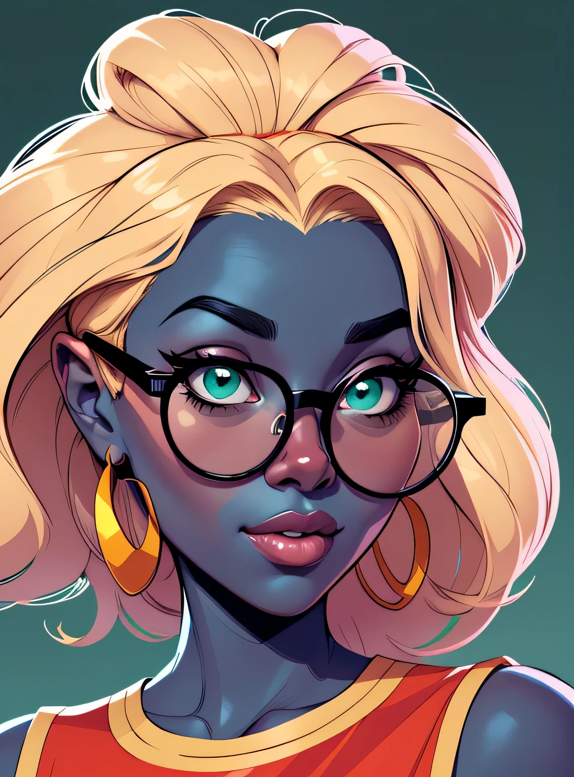 (estilo de desenho animado:1.2), Cartoon image of a woman with big African hair and big round glasses, garota negra super fofa e descolada, cartoon style illustration, estilo de arte dos desenhos animados, estilo de arte dos desenhos animados, digital illustration style, design de personagens altamente detalhado, arte digital detalhada fofa, City Girl Fan Art, design de personagem retrato, beautiful digital illustration, retrato de alta qualidade, arte em quadrinhos, Africa, retrato do design do personagem, fundo verde