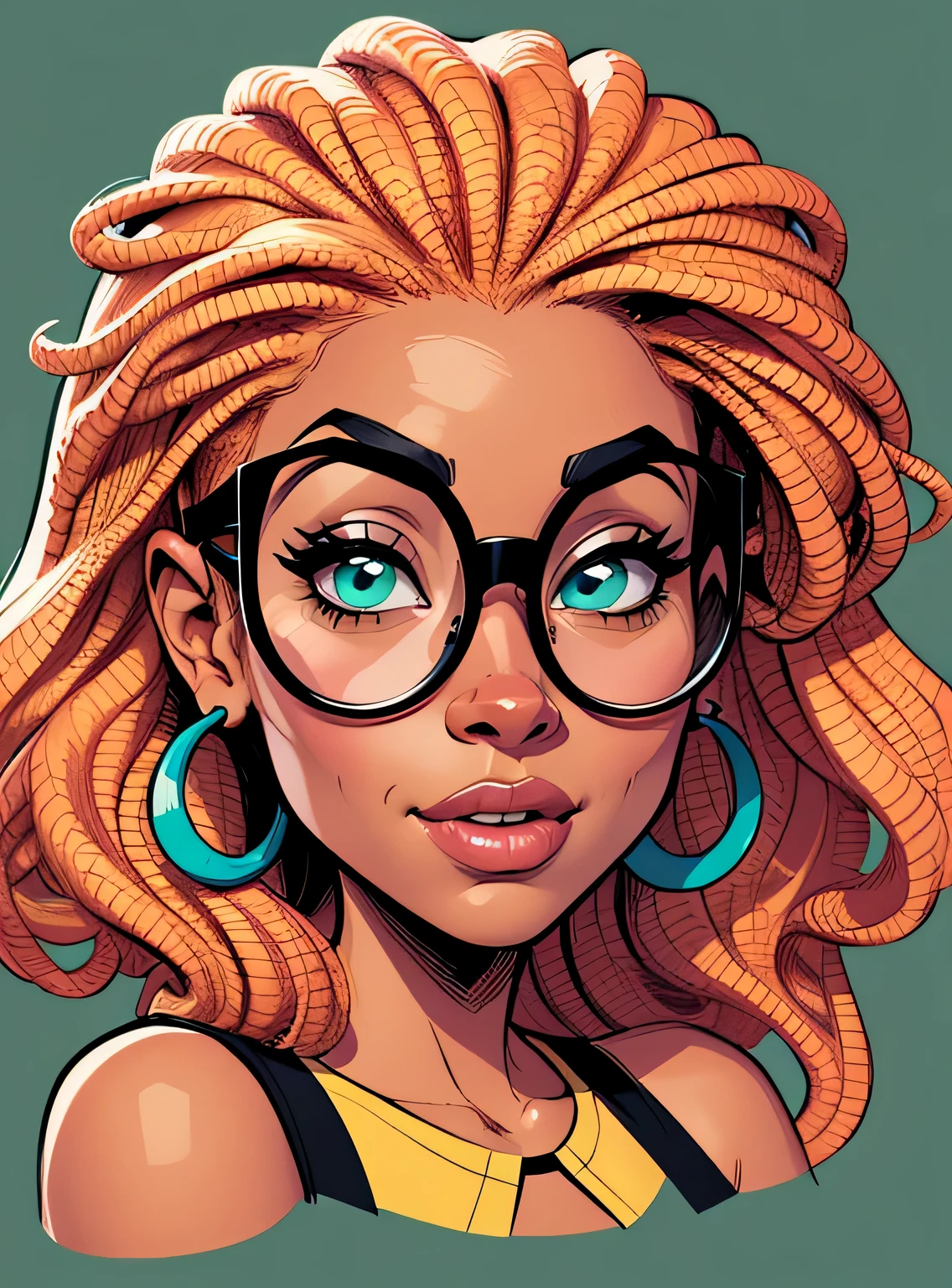 (estilo de desenho animado:1.2), Cartoon image of a woman with big African hair and big round glasses, garota negra super fofa e descolada, cartoon style illustration, estilo de arte dos desenhos animados, estilo de arte dos desenhos animados, digital illustration style, design de personagens altamente detalhado, arte digital detalhada fofa, City Girl Fan Art, design de personagem retrato, beautiful digital illustration, retrato de alta qualidade, arte em quadrinhos, Africa, retrato do design do personagem, fundo verde