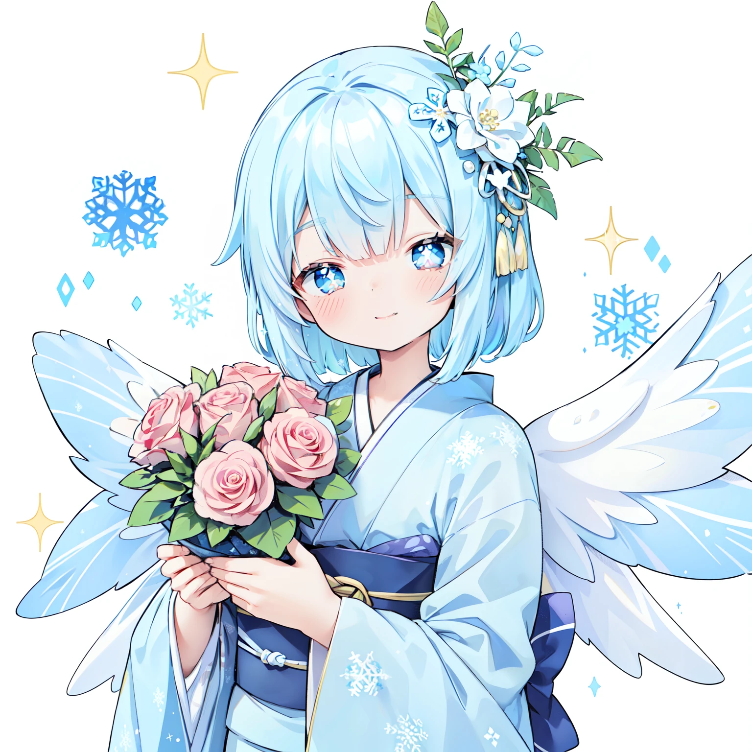 BREAK (pastel-blue and white theme:1.4), (maxi length pastel blue kimono [white] Obi:1.4), (Highly detailed snowflake symbol print:1.3), (white very short ankle socks:1.2), (geta:1.2), (wrap a white scrunchie around wrist:1.3),,Large transparent fairy wings grow from its back...、Japanese,Thick wool gown：0.3,beautiful fairy girl in tiered colorful gradient ballgown dress, (highest quality,masterpiece,16K or 8K,Super detailed,gradient glitter ),(Upper body、front)、A dress decorated with lots of frills and flower decorations、 fairy princess、 giant white fairy wings、 Flowers and colorful plants, beautiful, masterpiece, highest quality、gradient hair, light blue hair, floating hair, wavy hair,fluffy hair、 Hair in the wind, pastel wreath on head,Lavender colored eyes, long eyelashes, beautiful eyes、pointed ears, light smile, bright pupils, ((Sparkling fluffy layered ball gown)), (He closes his eyes and opens his mouth and smiles happily.),((He holds a large bouquet of pastel colored flowers in his hand.))(magic, Whimsical),digital illustration, highest quality,High resolution,  romantic academia, romantic atmosphere, fantasy, white background, with a rose, with a tree, in the field of flowers, in the rose garden, happy, laughing,