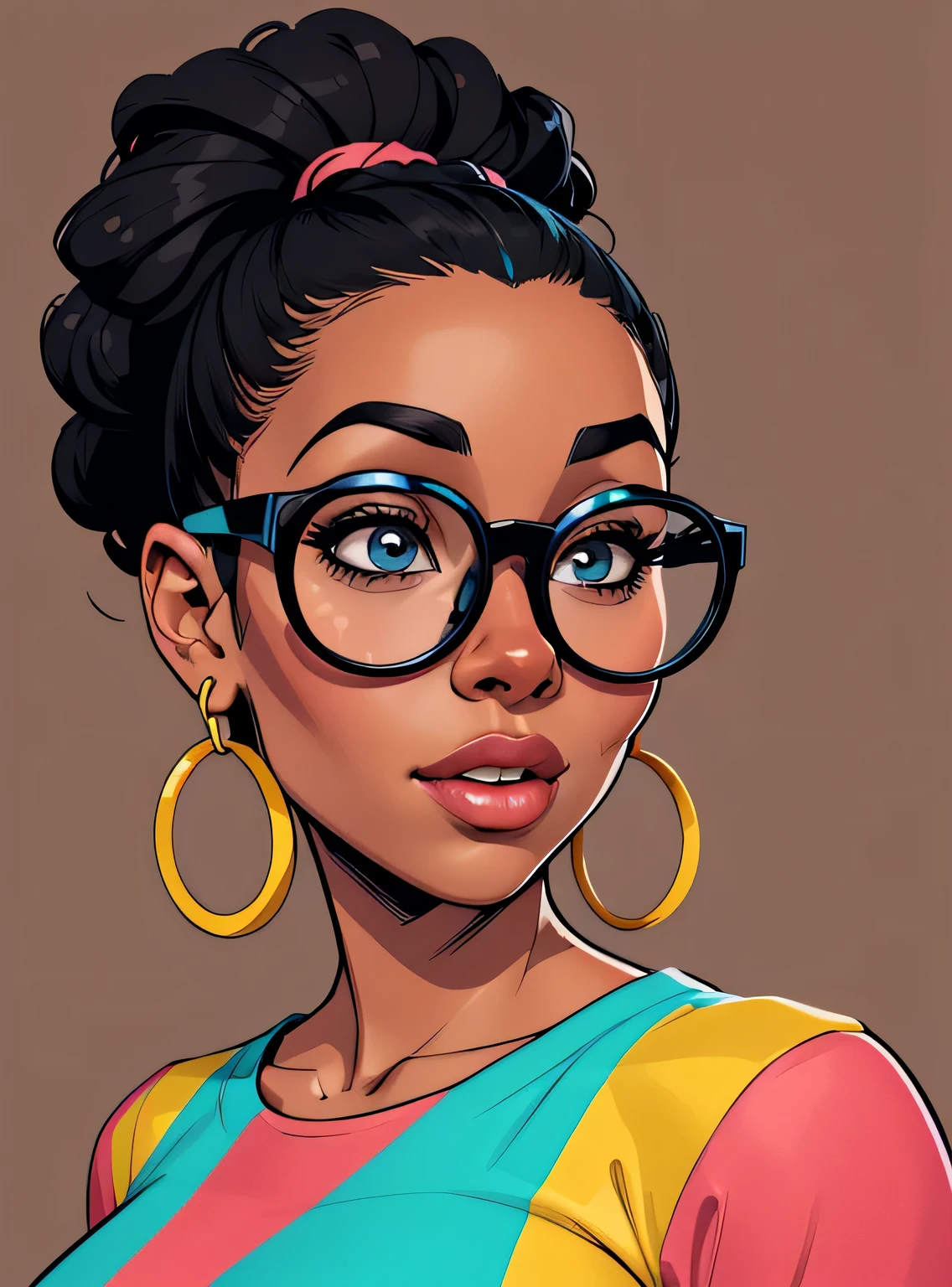(estilo de desenho animado:1.2), Cartoon image of a woman with big African hair and big round glasses, garota negra super fofa e descolada, cartoon style illustration, estilo de arte dos desenhos animados, estilo de arte dos desenhos animados, digital illustration style, design de personagens altamente detalhado, arte digital detalhada fofa, City Girl Fan Art, design de personagem retrato, beautiful digital illustration, retrato de alta qualidade, arte em quadrinhos, Africa, retrato do design do personagem, fundo marrom