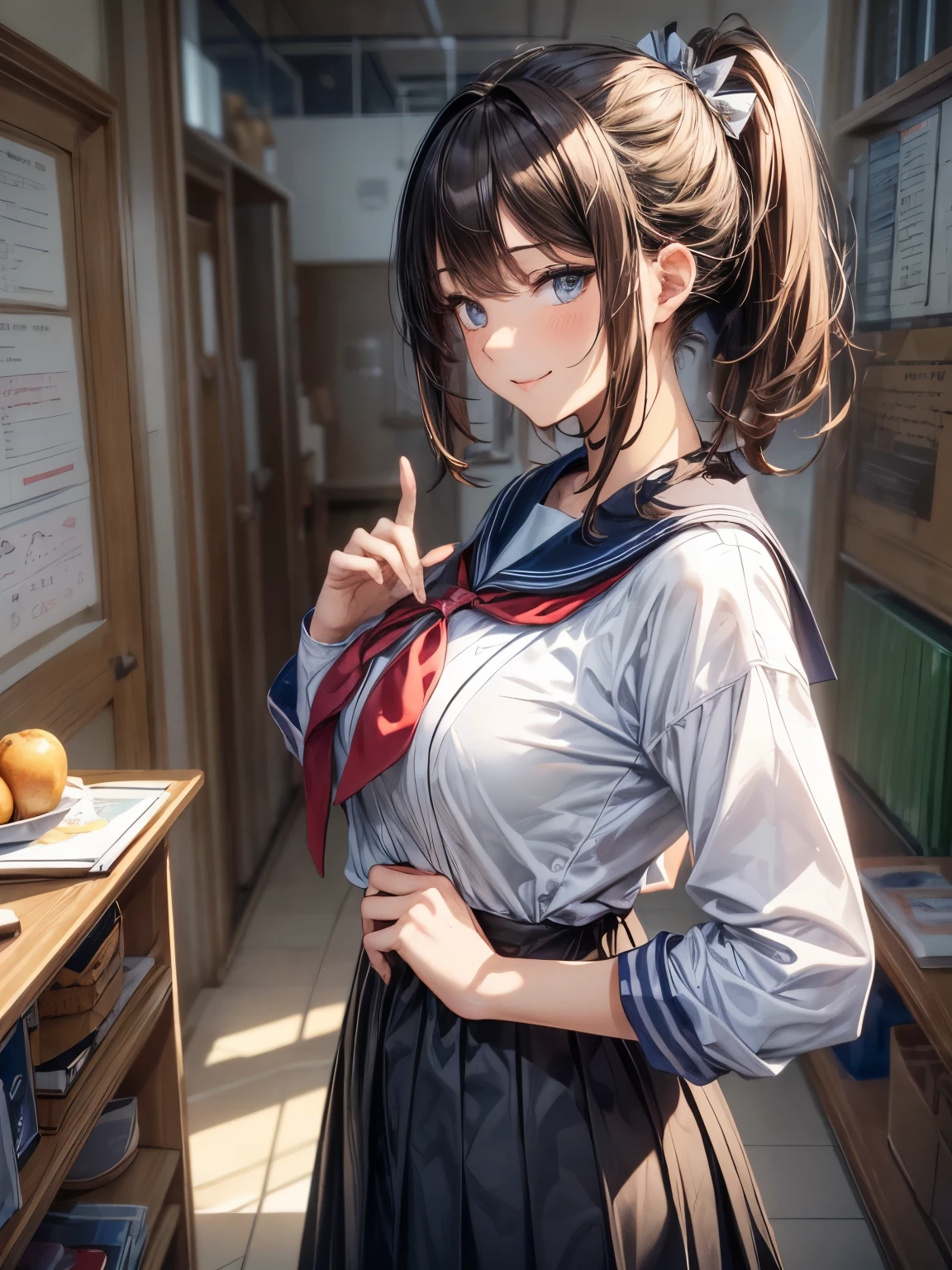 highest quality、All limbs、full finger、((one beautiful woman、solo))、((brown haired woman:1.3))、ponytail、big breasted woman、((sailor suit:1.2))、Dark blue skirt、big smile、high socks、school classroom、hands on hips