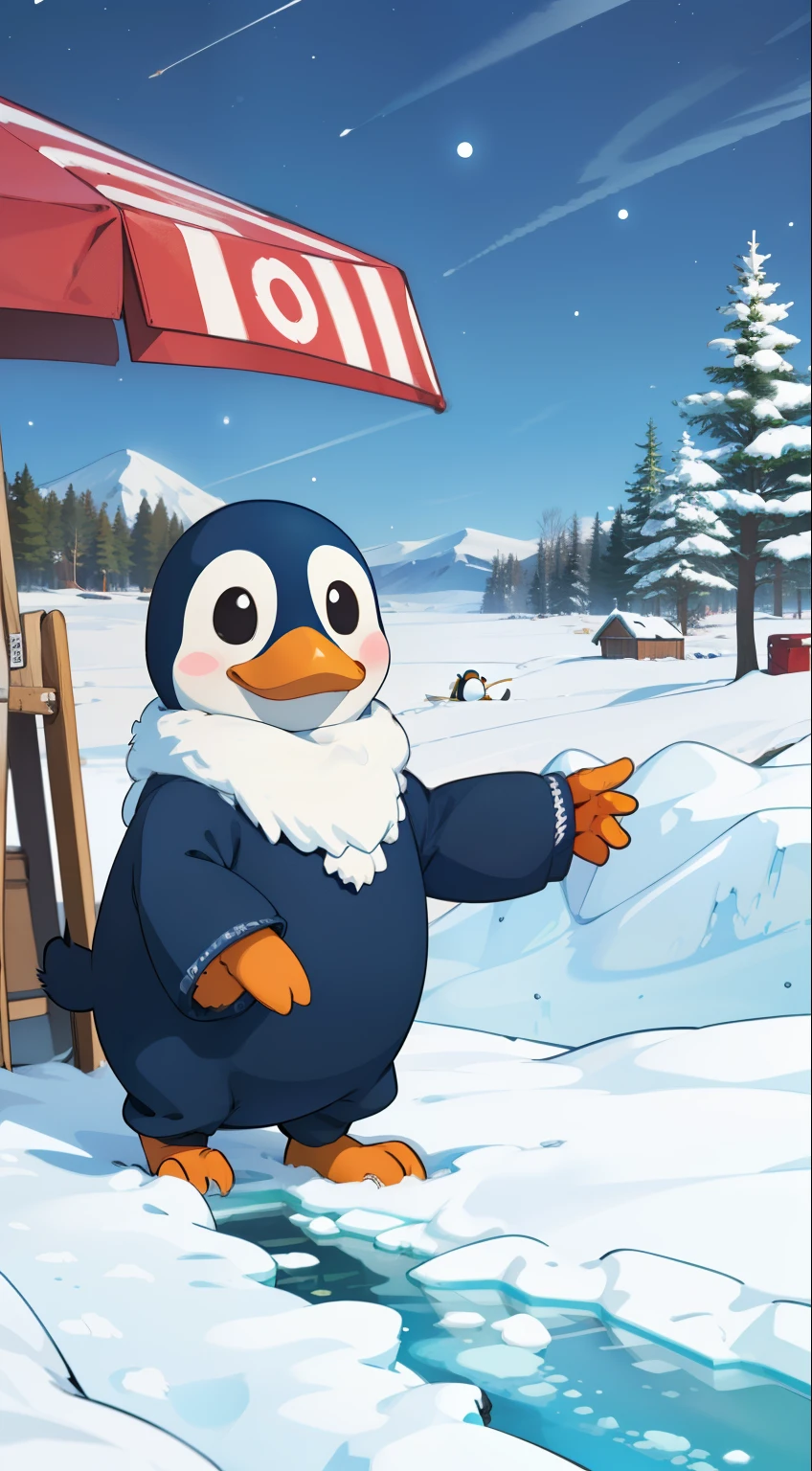 highest quality, masterpiece, penguin, north pole, tundra, frozen