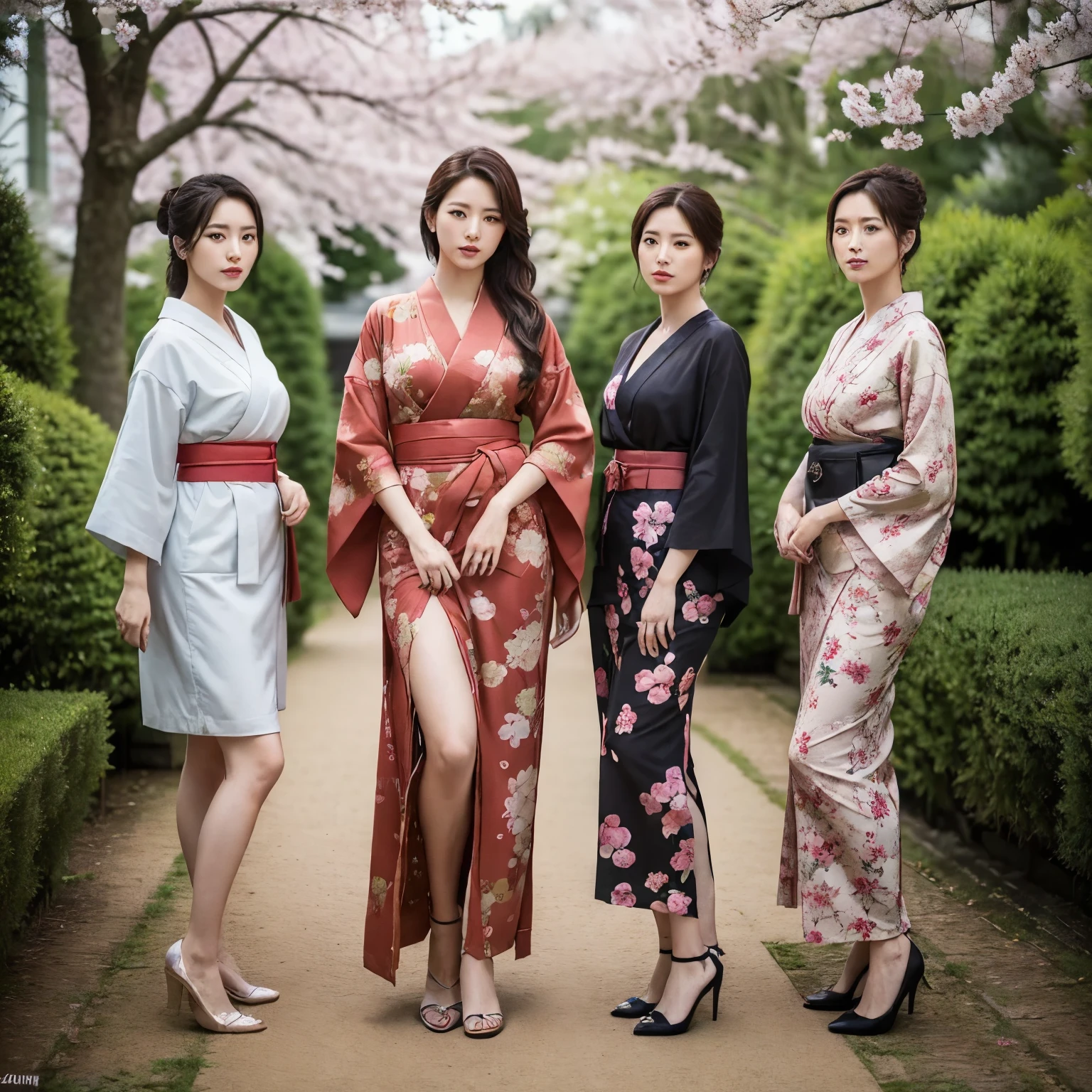 (Best quality, masterpiece: 1.2), portrait, breasts, outdoors, a 25-year-old woman named TAKA in a beautifully lit garden: 2, red kimono with intricate patterns, cherry blossoms in the background in full bloom: 1.3)
Same character, different costume, different angle, sunlight filtering through the trees: 1.5, rich skin details: 1.5,
(Three women: 1.5), (a detailed full-body RAW photo of a woman), (masterpiece: 1.0), (Best Quality: 1.4), (hyper-realistic: 1.4
