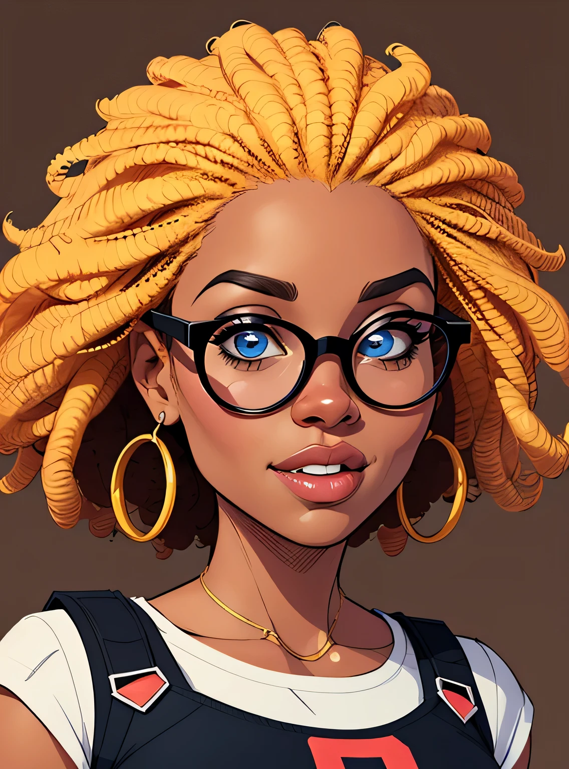 (estilo de desenho animado:1.2), Cartoon image of a woman with big African hair and big round glasses, garota negra super fofa e descolada, cartoon style illustration, estilo de arte dos desenhos animados, estilo de arte dos desenhos animados, digital illustration style, design de personagens altamente detalhado, arte digital detalhada fofa, City Girl Fan Art, design de personagem retrato, beautiful digital illustration, retrato de alta qualidade, arte em quadrinhos, Africa, retrato do design do personagem, fundo marrom