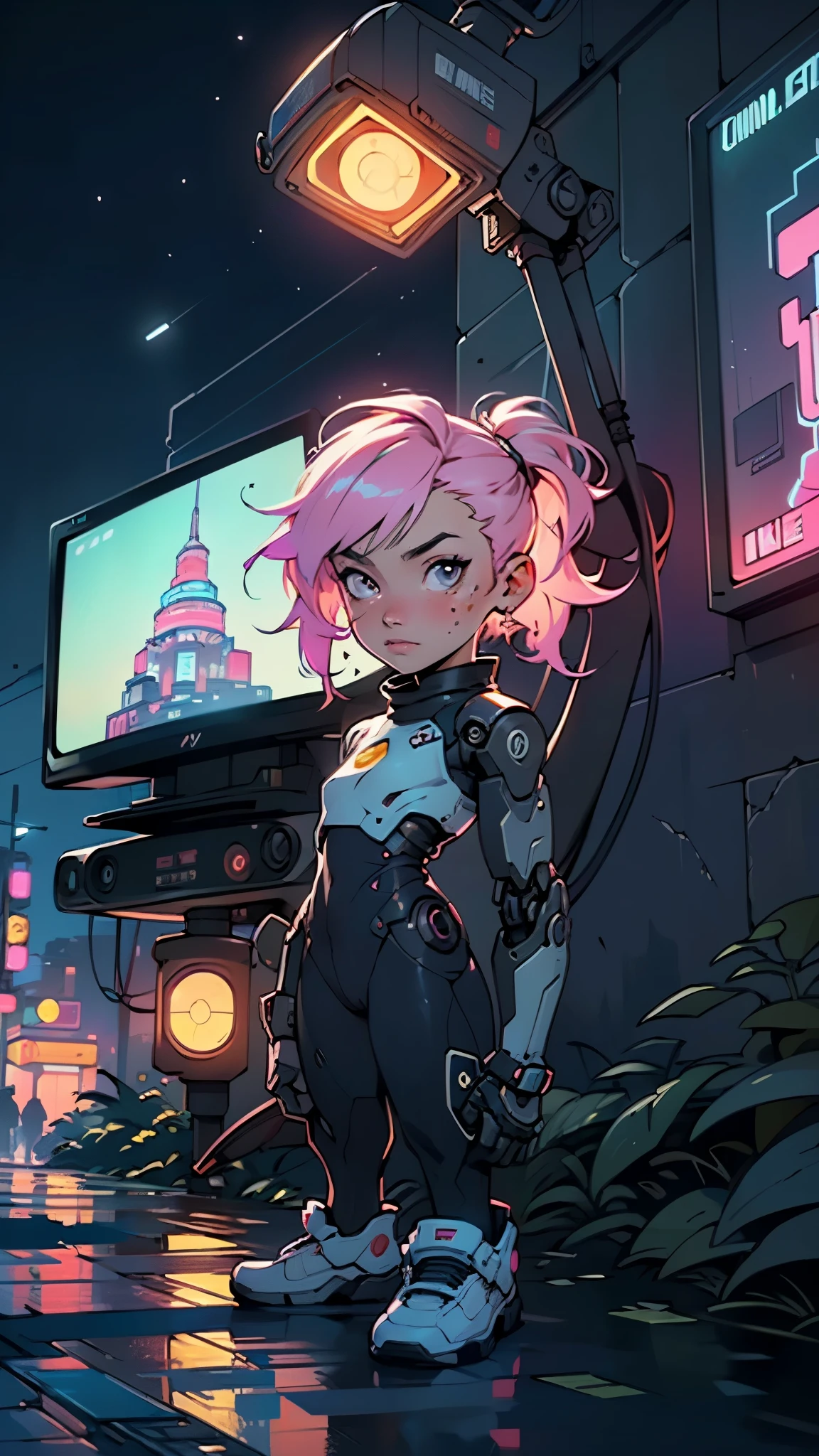 (((TV robot with mechanical arms and legs))),

(((tiny little robot chibi))) with ((((TV head)))). He has (((shaped like a cube with mechanical arms and legs))),and a (((screen on his face))) that displays emoticons and coded messages,Strange head, black tv head,detailed TV head,intricate robot,

(((Object_head,televison_head))),

(dynamic pose:1.0),solo focus,(centered,scale to fit dimensions,Rule of thirds),

cyberpunk city by the ocean at night, with bright neon signs and dark stormy clouds and puddles, scenery:1.25,nighttime, starry night, cosmos,Very dark night that makes the neon lights stand out, very bright neon lights,nighttime, starry night, cosmos,

artistic photography,(photography taken by sldr),highres, sharp focus, (ultra detailed, extremely detailed), (photorealistic artwork:1.37),(extremely detailed CG unity 8k wallpaper),((synthwave background theme)),(((vibrant colors))),(intricate background),(masterpiece),(best quality)
