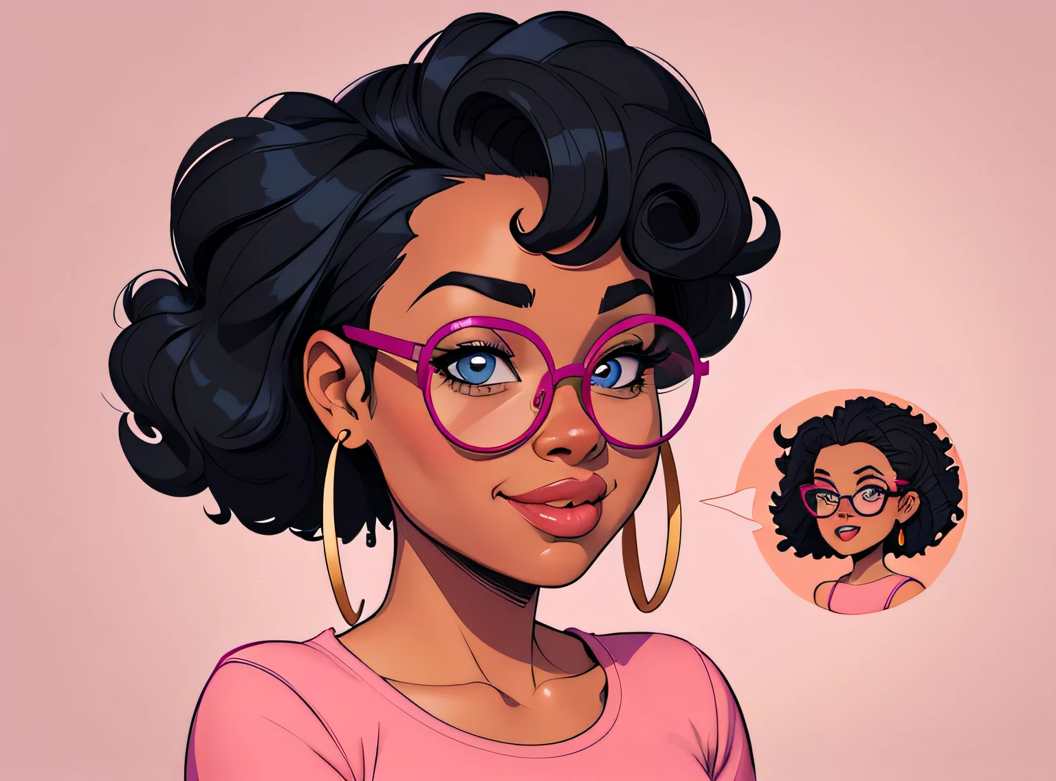 (estilo de desenho animado:1.2), Cartoon image of a woman with big African hair and big round glasses, garota negra super fofa e descolada, cartoon style illustration, estilo de arte dos desenhos animados, estilo de arte dos desenhos animados, digital illustration style, design de personagens altamente detalhado, arte digital detalhada fofa, City Girl Fan Art, design de personagem retrato, beautiful digital illustration, retrato de alta qualidade, arte em quadrinhos, Africa, retrato do design do personagem, fundo rosa