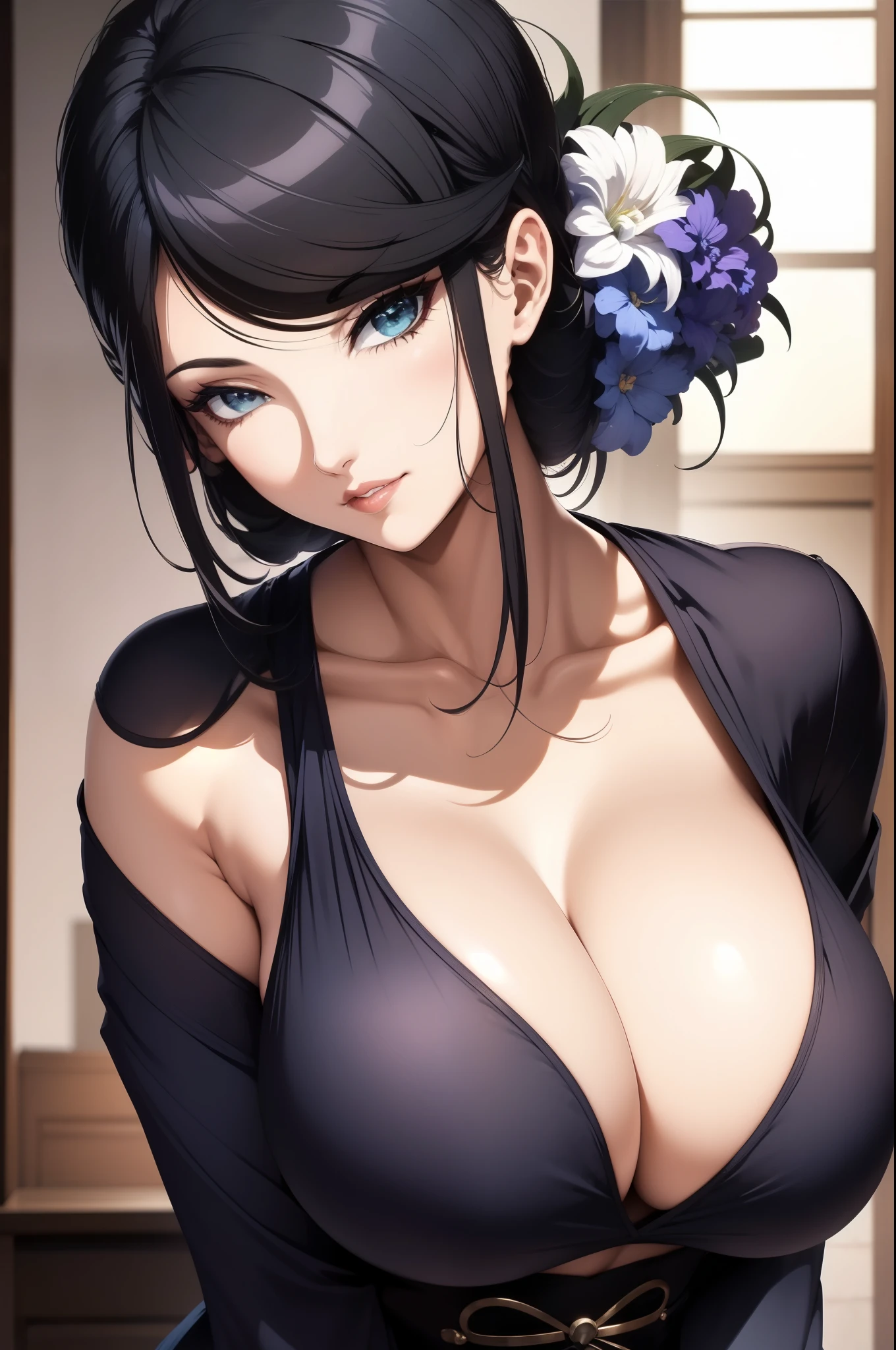 1womanl,Dark blue clothes,topless, tmasterpiece,Close-up shot,looks into camera,Be red in the face,ssmile, detailed finger, beautiful hand, 1womanl, brunette color hair: 1.1, Super detailed face, Detailed lips, Detailed eyes, 二重まぶた,full body1:1,large breasts,huge tits, Dark clothes,komono