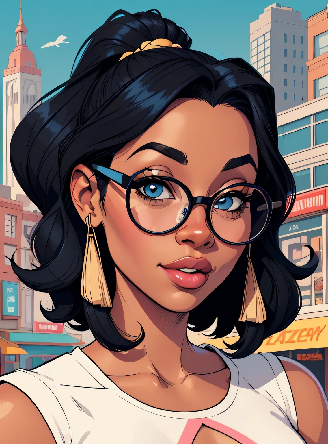 (estilo de desenho animado:1.2), Cartoon image of a woman with big African hair and big round glasses, garota negra super fofa e descolada, cartoon style illustration, estilo de arte dos desenhos animados, estilo de arte dos desenhos animados, digital illustration style, design de personagens altamente detalhado, arte digital detalhada fofa, City Girl Fan Art, design de personagem retrato, beautiful digital illustration, retrato de alta qualidade, arte em quadrinhos, Africa, retrato do design do personagem, fundo floral