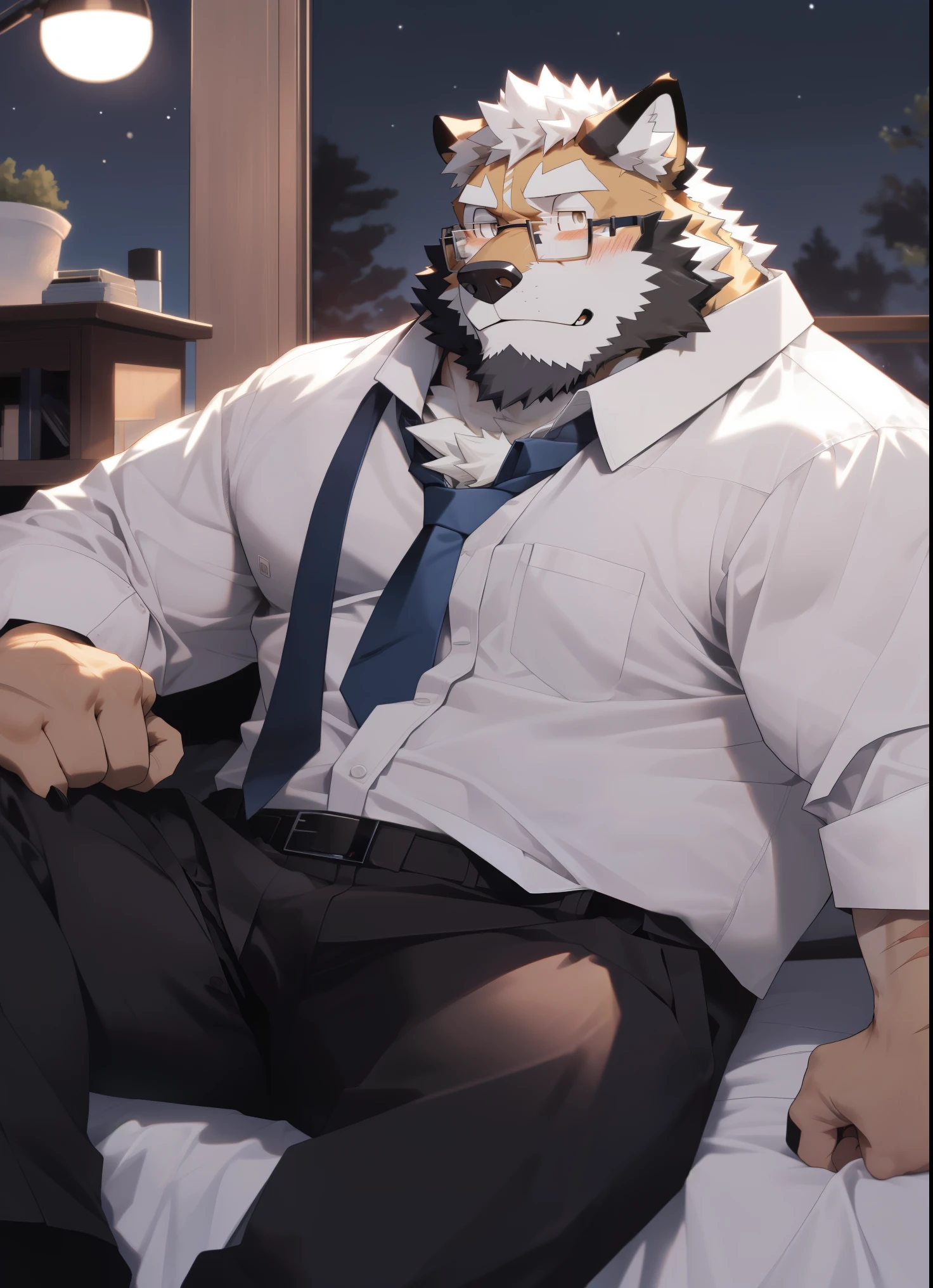 hairy，Wolf，Black-rimmed glasses，White long-sleeved shirt，rolled up sleeves，pink necktie，Black trousers，white socks，White beard，There are scars on the face，golden fur，male，Common，full-body shot，dynamic poses，In the bedroom，bed，lying down，Drunken expression，blush，smirk，late night，night，Detailed background，极其lifelike阴影，masterpiece，Very detailed，lifelike