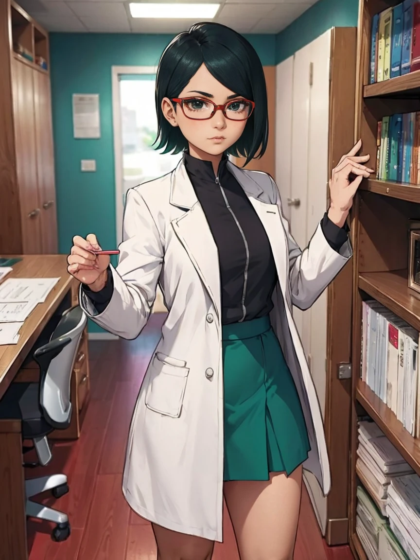 (Sarada Uchiha with short hair, black eyes and glasses). (((Small. She is wearing a white coat, turquoise green wool blouse, and black skirt))). She is in a doctor's office with shelves with medicines and a table with documents. ((She has a stethoscope)). Intricate details, rich colors and a sense of grandeur. Perspective. White gloves