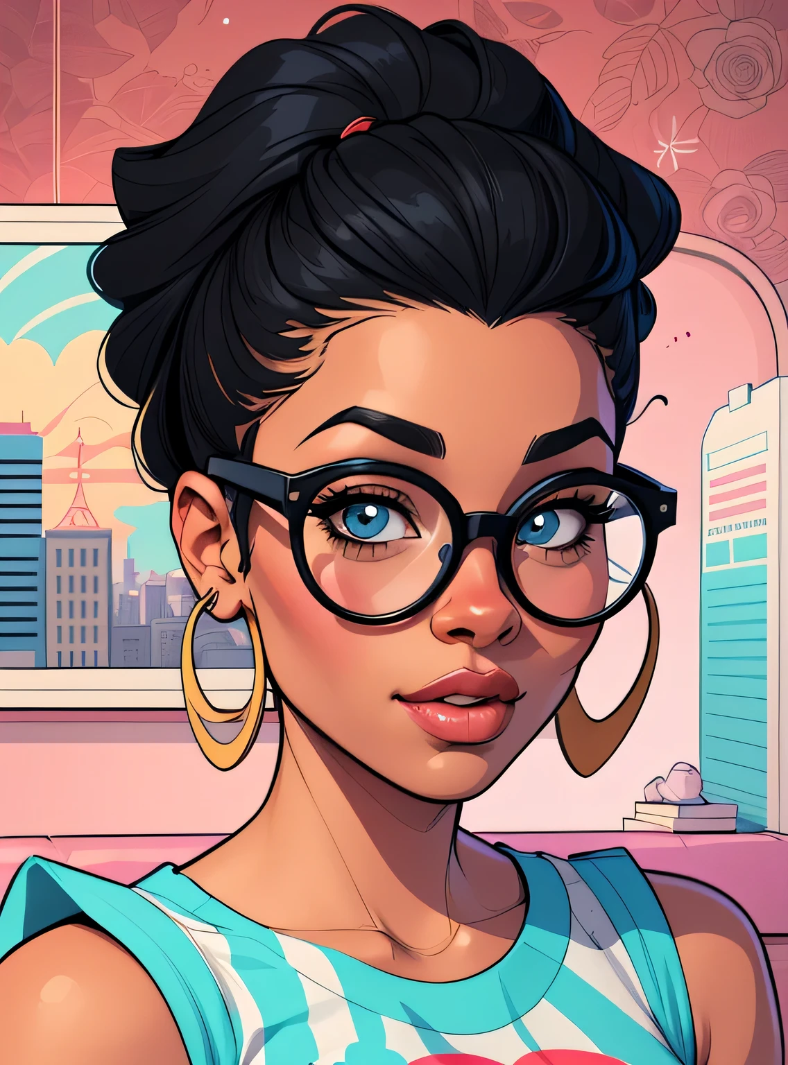 (estilo de desenho animado:1.2), Cartoon image of a woman with big African hair and big round glasses, garota negra super fofa e descolada, cartoon style illustration, estilo de arte dos desenhos animados, estilo de arte dos desenhos animados, digital illustration style, design de personagens altamente detalhado, arte digital detalhada fofa, City Girl Fan Art, design de personagem retrato, beautiful digital illustration, retrato de alta qualidade, arte em quadrinhos, Africa, retrato do design do personagem, fundo floral