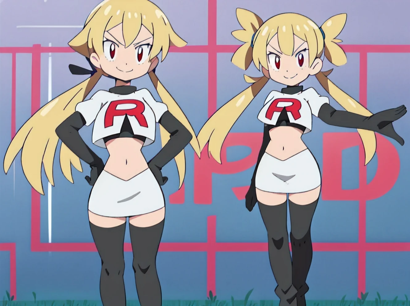 1girl in, (Solo:1.2), (Perfect body:1.1), (Best Quality:1.1), Cute Girl, Tsundere:1.1, (student clothes:1.4), (tiered layers skirt:1.2), very large breast, a blond, Long twintails, Black Ribbon Hair Fastening, Tsuriformes, sharp eye, Sanpaku eyes, (Seductive smile:1.5), Noble atmosphere, Fine-grained skin, (Choker with a heart gem:1.1), View of the valley, Navel Ejection, Raw feet, a belt on the thighhigh, Bright red eyes, Shining eyes, (NSFW:0.8), 8K, a belt on the thighhigh, Skinny Legs, School grounds with grass, full body seen, (Looking down here:1.2), (Loose socks:1.3), I don't have anything in my hands, No one around,,masterpiece, best quality, highres,team rocket uniform, red letter r, white skirt, white crop top, black thigh-high boots, black elbow gloves, glaring angrily, looking at viewer, hands on hips, full body seen, zettai ryouiki