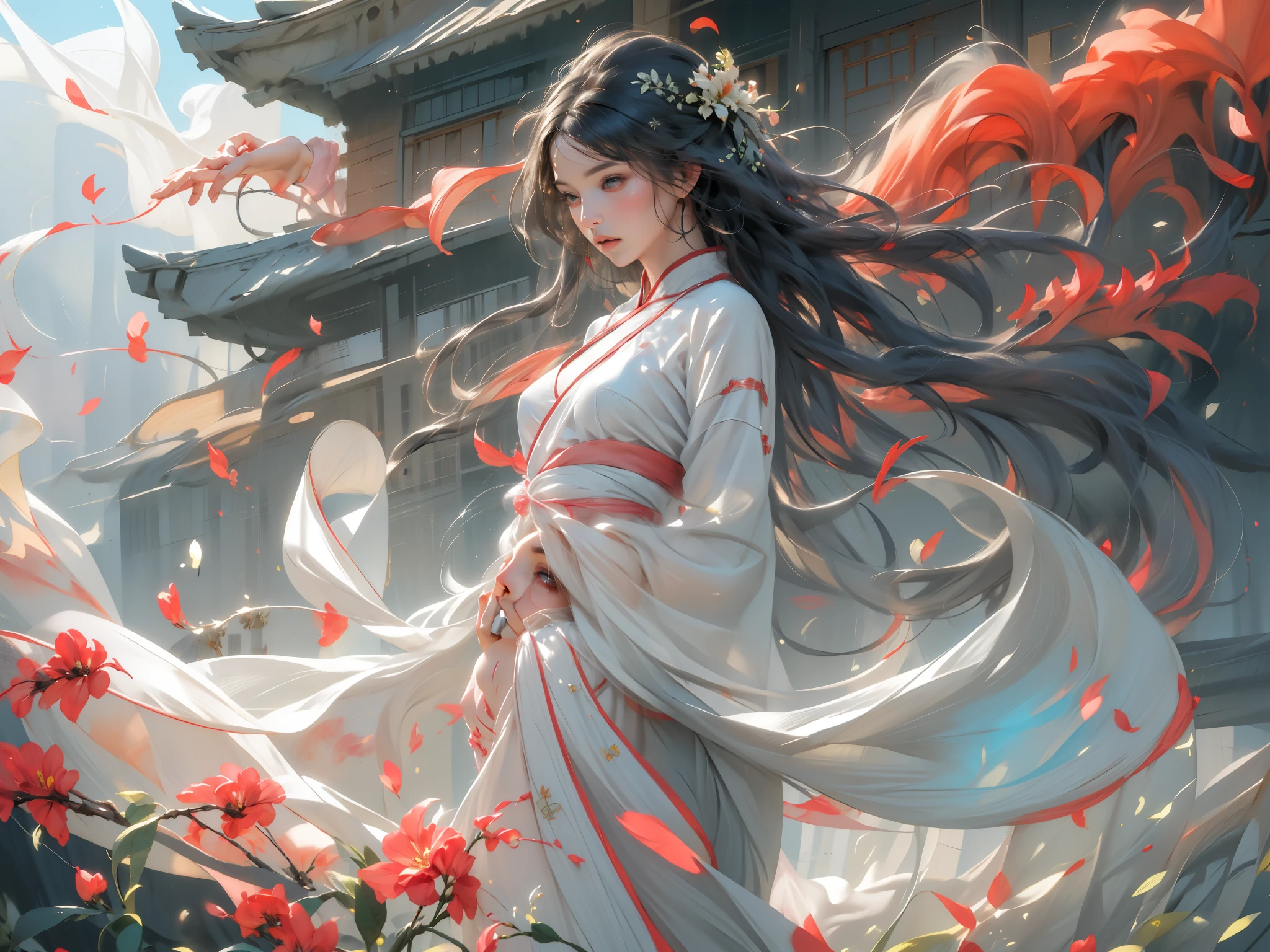 national foundation, Stroke flowers, 1 girl, alone, hanfu, archaic_Chinese_architecture, flower field, flowering, (White smoke:1.3) (lifelike:1.4), Lie on your side, mandala, twist, official art, Unified 16K wallpaper, Super detailed, Beautiful and beautiful, masterpiece,best quality, (dynamic angle:1.4), glowing skin, (Colorful sparks floating:1) confusion, elegant, bright colors,  Depth of field_dance, half_naked
