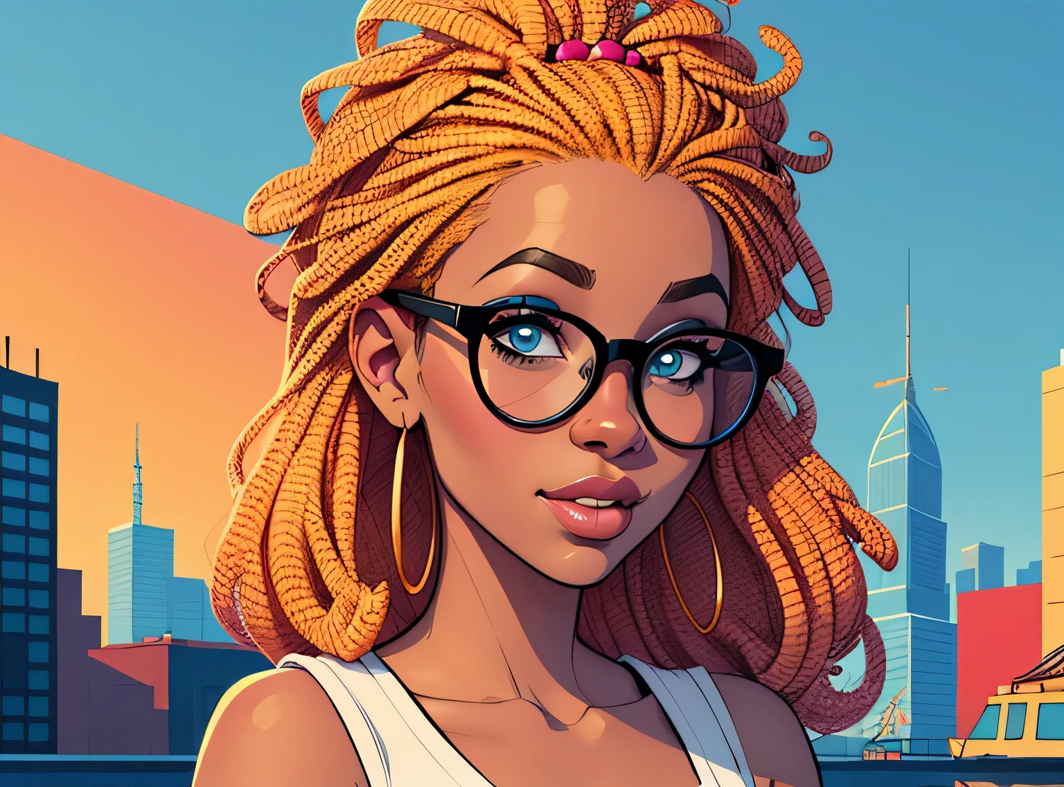 (estilo de desenho animado:1.2), Cartoon image of a woman with big African hair and big round glasses, garota negra super fofa e descolada, cartoon style illustration, estilo de arte dos desenhos animados, estilo de arte dos desenhos animados, digital illustration style, design de personagens altamente detalhado, arte digital detalhada fofa, City Girl Fan Art, design de personagem retrato, beautiful digital illustration, retrato de alta qualidade, arte em quadrinhos, Africa, retrato do design do personagem, fundo azul