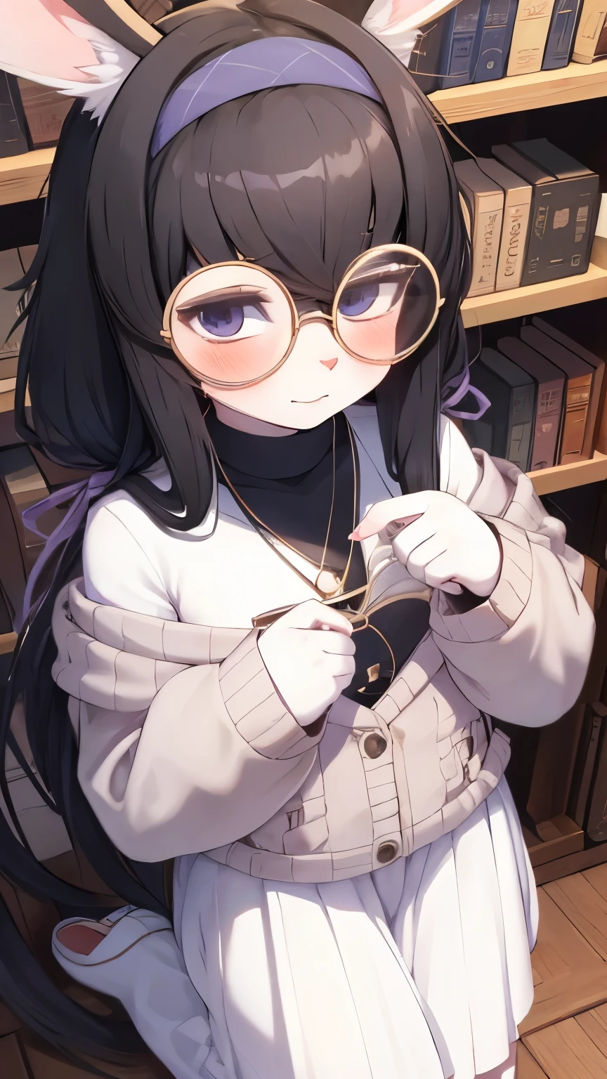 rabbit girl,black hair,white body fur,neck fur,looking at viewer,:3,library,bookshelf,round glasses,full face blush,shiny skin,high angle