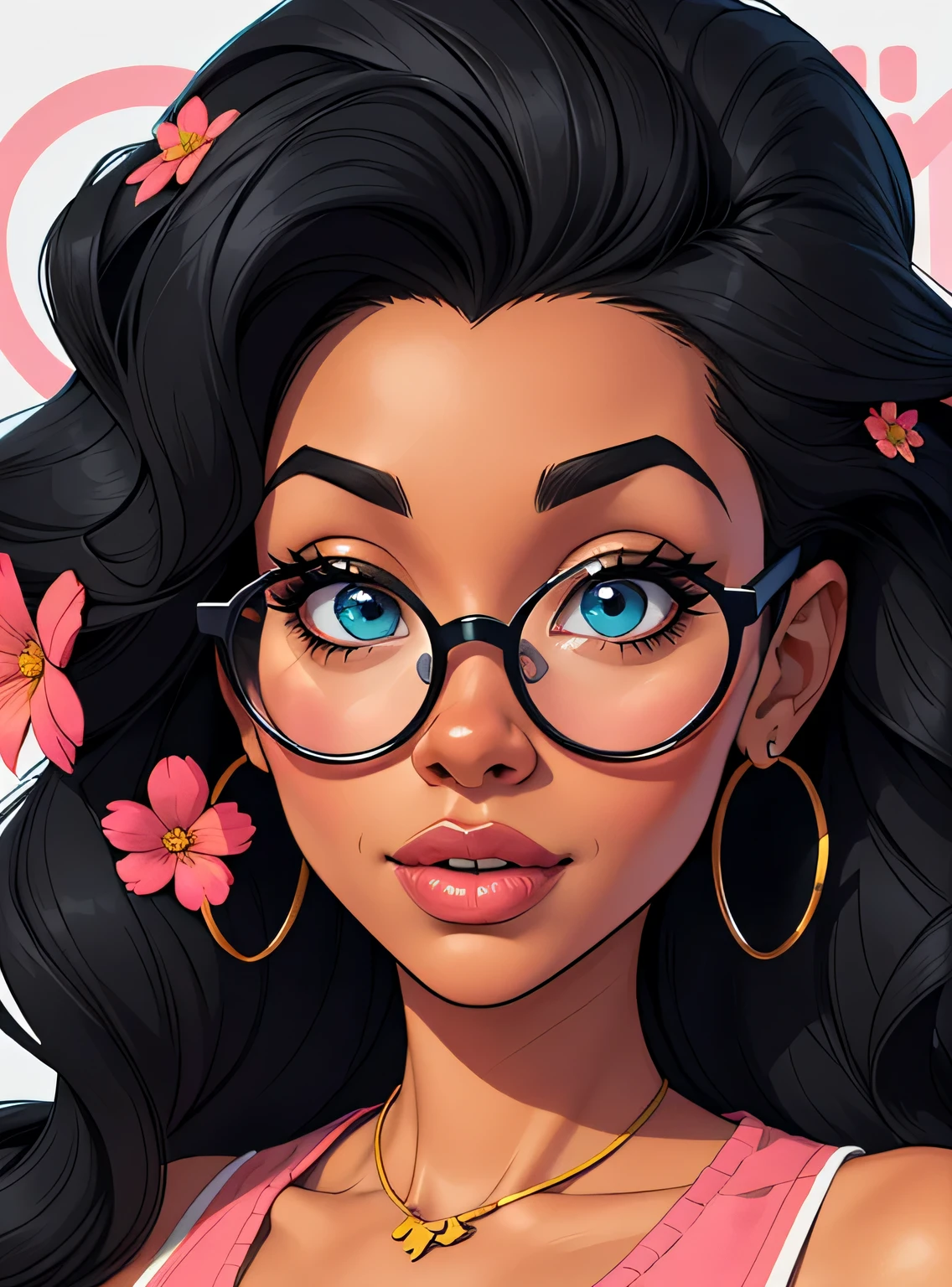 (estilo de desenho animado:1.2), Cartoon image of a woman with big African hair and big round glasses, garota negra super fofa e descolada, cartoon style illustration, estilo de arte dos desenhos animados, estilo de arte dos desenhos animados, digital illustration style, design de personagens altamente detalhado, arte digital detalhada fofa, City Girl Fan Art, design de personagem retrato, beautiful digital illustration, retrato de alta qualidade, arte em quadrinhos, Africa, retrato do design do personagem, fundo com flores