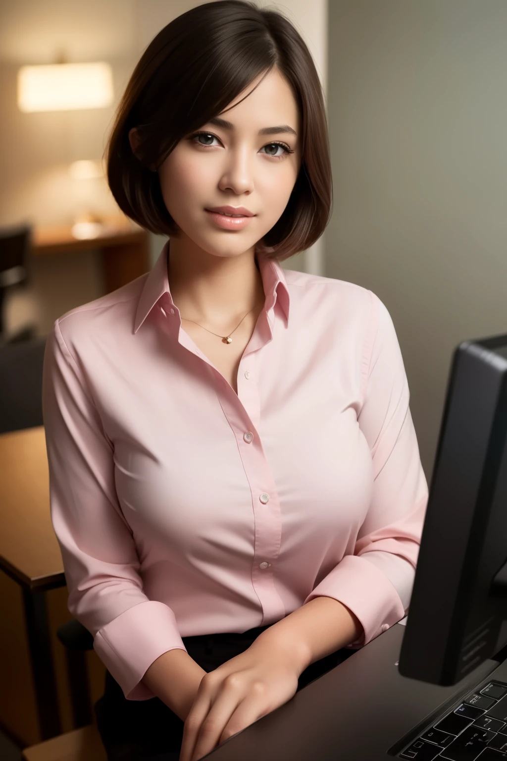 (8K, highest quality, masterpiece:1.2), (realistic, photo-realistic:1.37), super detailed, 1 girl,cute, alone,beautiful and detailed sky,Detailed Office,night,sitting,(blush your nose),(smile:1.15),(closed mouth) , medium breasts,beautiful and fine eyes,(collared shirt:1.1), night, Wet,business suit, rain, (short hair:1.2), Pueros face_v1, computer, finger details, beautiful detailed face,