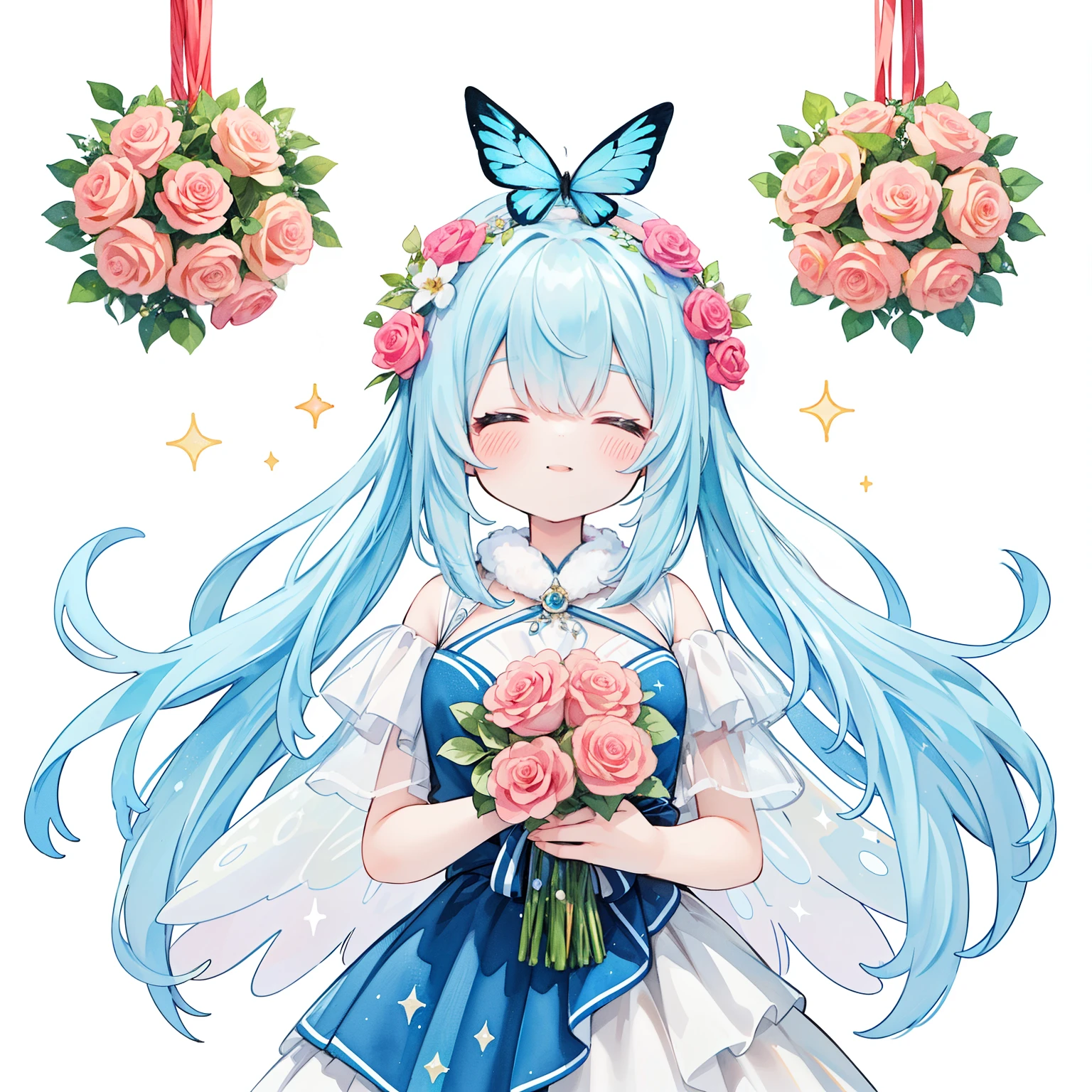 1girl in、(PastelColors:1.3)、(Cute illustration:1.3)、(watercolor paiting:1.1)、On White Background、jumpping、levitation、A smile、Aster Harmony Garden Sprite,White snow、Noelle、silber hair、
Jumpsuit with oversized butterfly wings in pastel colors,
Playful ruffles and layers create a whimsical touch,
Narrow your waist to create a beautiful silhouette,
something that wears a wreath decorated with flowers,
I tied a ribbon to my braided hair....:1.3.....,
Lace-up sandals or ballet shoes with ribbon ties,
Moist makeup with pastel eyeshadow,
Add glitter and petal accents to the cheeks,
、 ,Thick wool gown:0.4、beautiful fairy girl in tiered colorful gradient ballgown dress, (highest quality,masterpiece,16K or 8K,Super detailed,gradient glitter ),(Upper body、front)、A dress decorated with lots of frills and flower decorations、 fairy princess、 giant white fairy wings、 Flowers and colorful plants, beautiful, masterpiece, highest quality、gradient hair, light blue hair, floating hair, wavy hair,fluffy hair、 Hair in the wind, pastel wreath on head,Lavender colored eyes, long eyelashes, beautiful eyes、pointed ears, light smile, bright pupils, ((Sparkling fluffy layered ball gown)), (He closes his eyes and opens his mouth and smiles happily.),((He holds a large bouquet of pastel colored flowers in his hand.))(magic, Whimsical),digital illustration, highest quality,High resolution, romantic academia, romantic atmosphere, fantasy, white background, with a rose, with a tree, in the field of flowers, in the rose garden, happy, laughing,