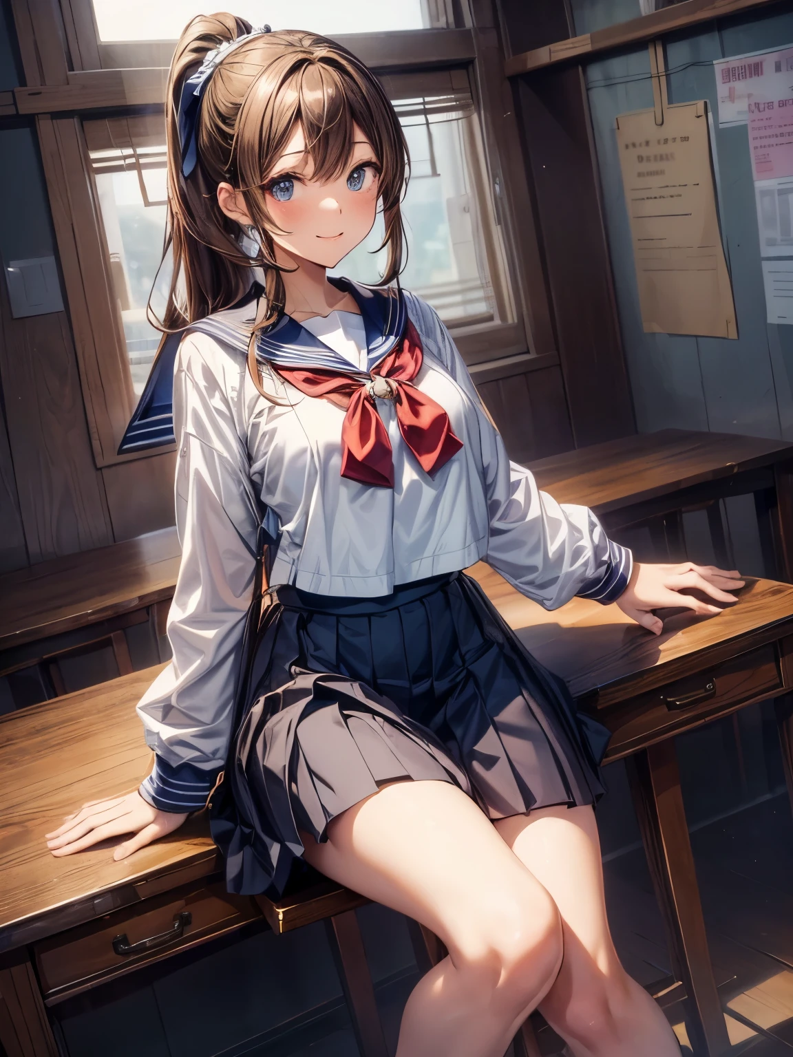 highest quality、All limbs、full finger、((one beautiful woman、solo))、((brown haired woman:1.3))、ponytail、big breasted woman、((sailor suit:1.2))、Dark blue skirt、big smile、high socks、school classroom、hands on hips
