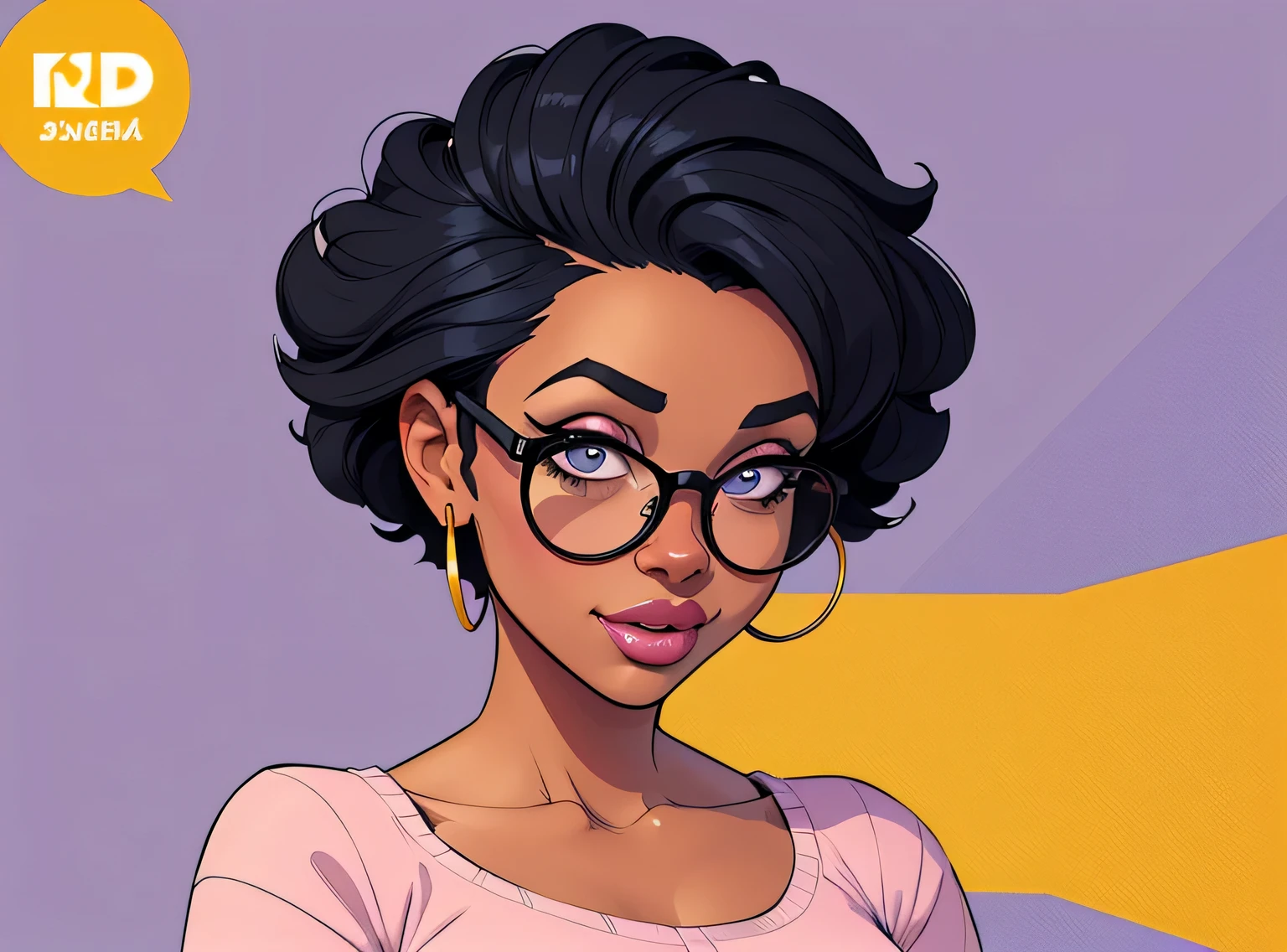 (estilo de desenho animado:1.2), Cartoon image of a woman with big African hair and big round glasses, garota negra super fofa e descolada, cartoon style illustration, estilo de arte dos desenhos animados, estilo de arte dos desenhos animados, digital illustration style, design de personagens altamente detalhado, arte digital detalhada fofa, City Girl Fan Art, design de personagem retrato, beautiful digital illustration, retrato de alta qualidade, arte em quadrinhos, Africa, retrato do design do personagem, lilac background