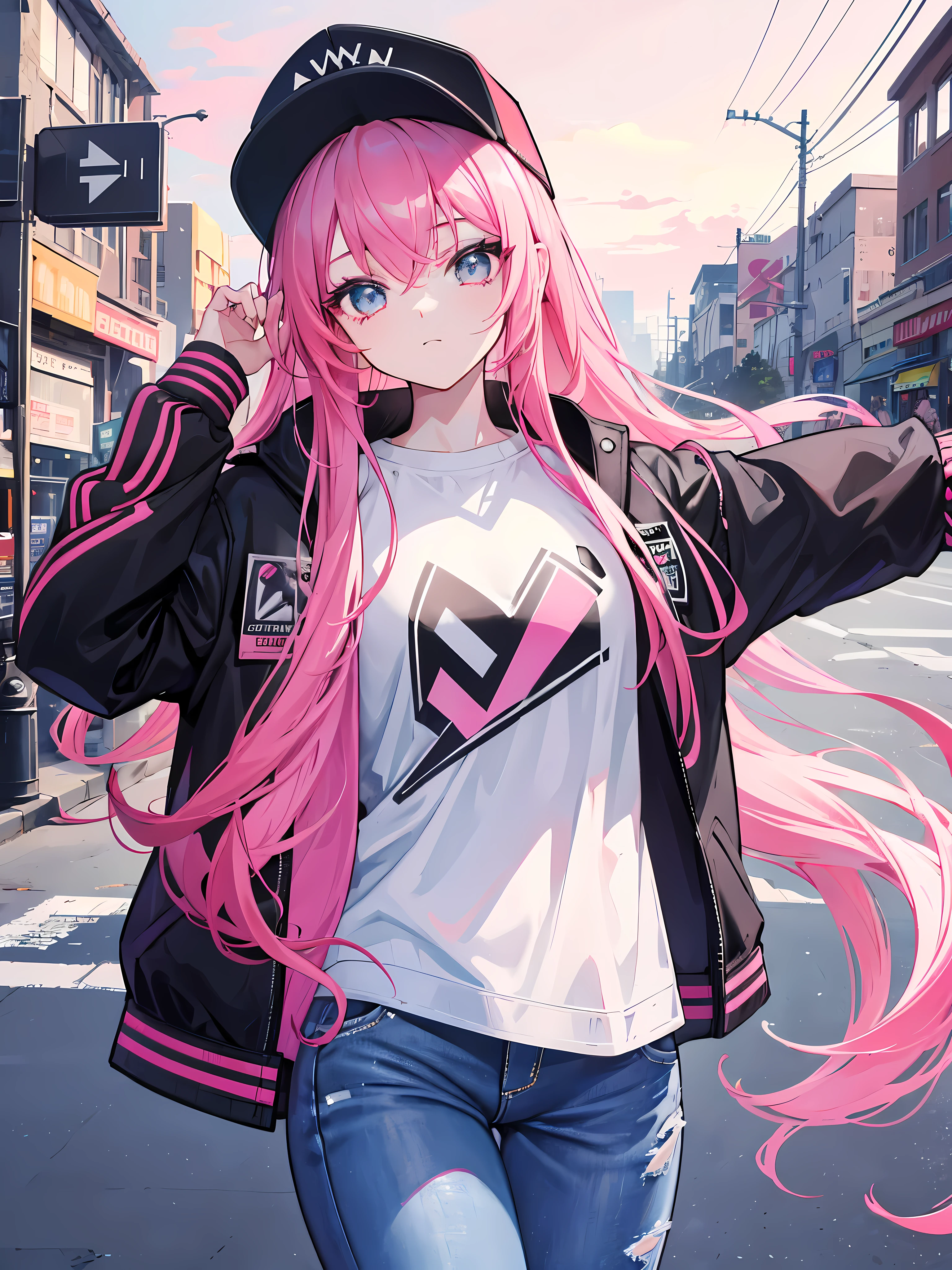 1girl,long pink hair,black snapback hat,jacket,jeans,facing viewer,sunny,city,ultra-detailed,(high-quality:1.2),ultra-sharp,brilliant colors, vibrant atmosphere