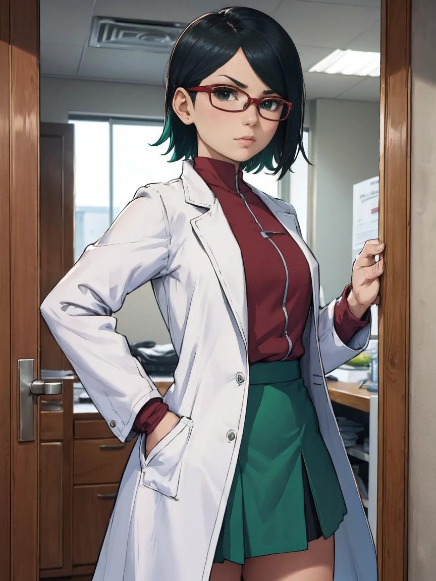 (Sarada Uchiha with short hair, black eyes and glasses). (((Small. She is wearing a white coat, turquoise green wool blouse, and black skirt))). She is in a doctor's office with shelves with medicines and a table with documents. ((She has a stethoscope)). Intricate details, rich colors and a sense of grandeur. Perspective. White gloves