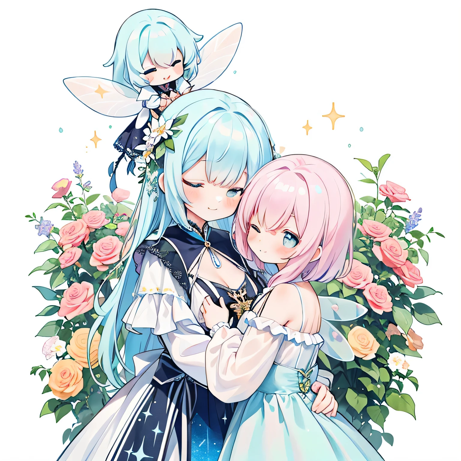 1girl in、(PastelColors:1.3)、(Cute illustration:1.3)、(watercolor paiting:1.1)、On White Background、jumpping、levitation、A smile、Aster Harmony Garden Sprite,White snow、Noelle、silber hair、
Jumpsuit with oversized butterfly wings in pastel colors,
Playful ruffles and layers create a whimsical touch,
Narrow your waist to create a beautiful silhouette,
something that wears a wreath decorated with flowers,
I tied a ribbon to my braided hair....:1.3.....,
Lace-up sandals or ballet shoes with ribbon ties,
Moist makeup with pastel eyeshadow,
Add glitter and petal accents to the cheeks,
、 ,Thick wool gown:0.4、beautiful fairy girl in tiered colorful gradient ballgown dress, (highest quality,masterpiece,16K or 8K,Super detailed,gradient glitter ),(Upper body、front)、A dress decorated with lots of frills and flower decorations、 fairy princess、 giant white fairy wings、 Flowers and colorful plants, beautiful, masterpiece, highest quality、gradient hair, light blue hair, floating hair, wavy hair,fluffy hair、 Hair in the wind, pastel wreath on head,Lavender colored eyes, long eyelashes, beautiful eyes、pointed ears, light smile, bright pupils, ((Sparkling fluffy layered ball gown)), (He closes his eyes and opens his mouth and smiles happily.),((He holds a large bouquet of pastel colored flowers in his hand.))(magic, Whimsical),digital illustration, highest quality,High resolution, romantic academia, romantic atmosphere, fantasy, white background, with a rose, with a tree, in the field of flowers, in the rose garden, happy, laughing,