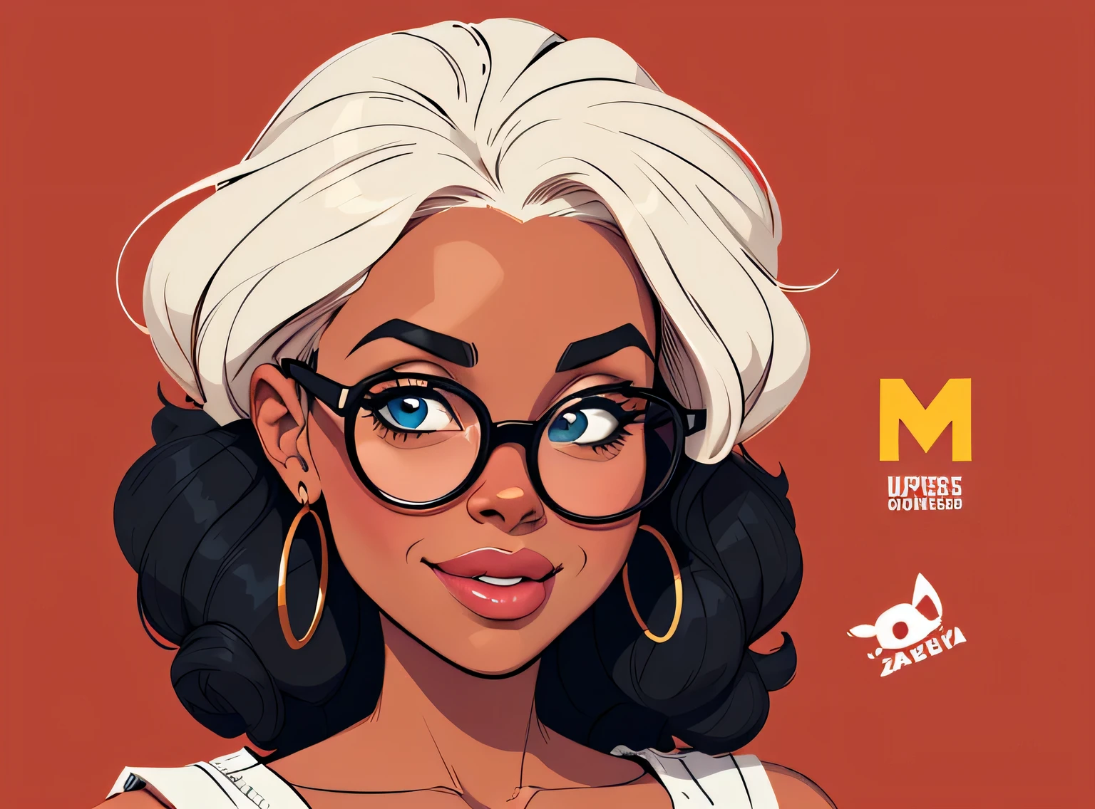 (estilo de desenho animado:1.2), Cartoon image of a woman with big African hair and big round glasses, garota negra super fofa e descolada, cartoon style illustration, estilo de arte dos desenhos animados, estilo de arte dos desenhos animados, digital illustration style, design de personagens altamente detalhado, arte digital detalhada fofa, City Girl Fan Art, design de personagem retrato, beautiful digital illustration, retrato de alta qualidade, arte em quadrinhos, Africa, retrato do design do personagem, fundo vermelho