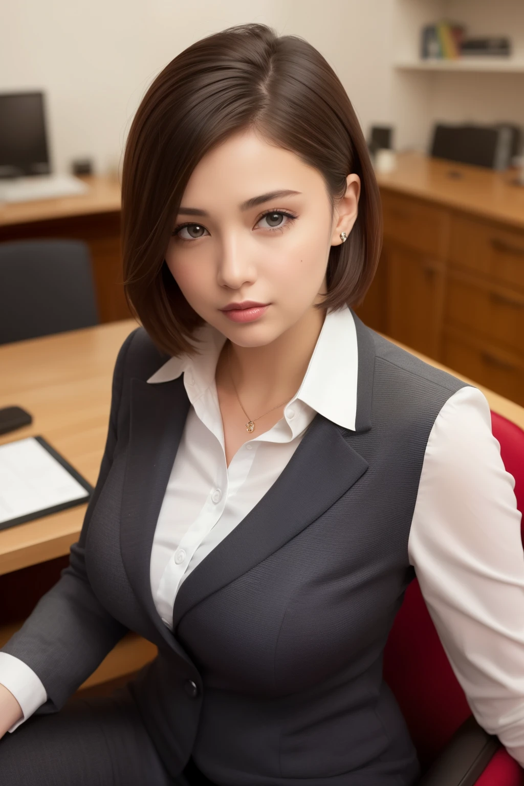 (8K, highest quality, masterpiece:1.2), (realistic, photo-realistic:1.37), super detailed, 1 girl,cute, alone,beautiful and detailed sky,Detailed Office,night,sitting,(blush your nose),(smile:1.15),(closed mouth) , medium breasts,beautiful and fine eyes,(collared shirt:1.1), night, Wet,business suit, rain, (short hair:1.2), Pueros face_v1, computer, finger details, beautiful detailed face,
