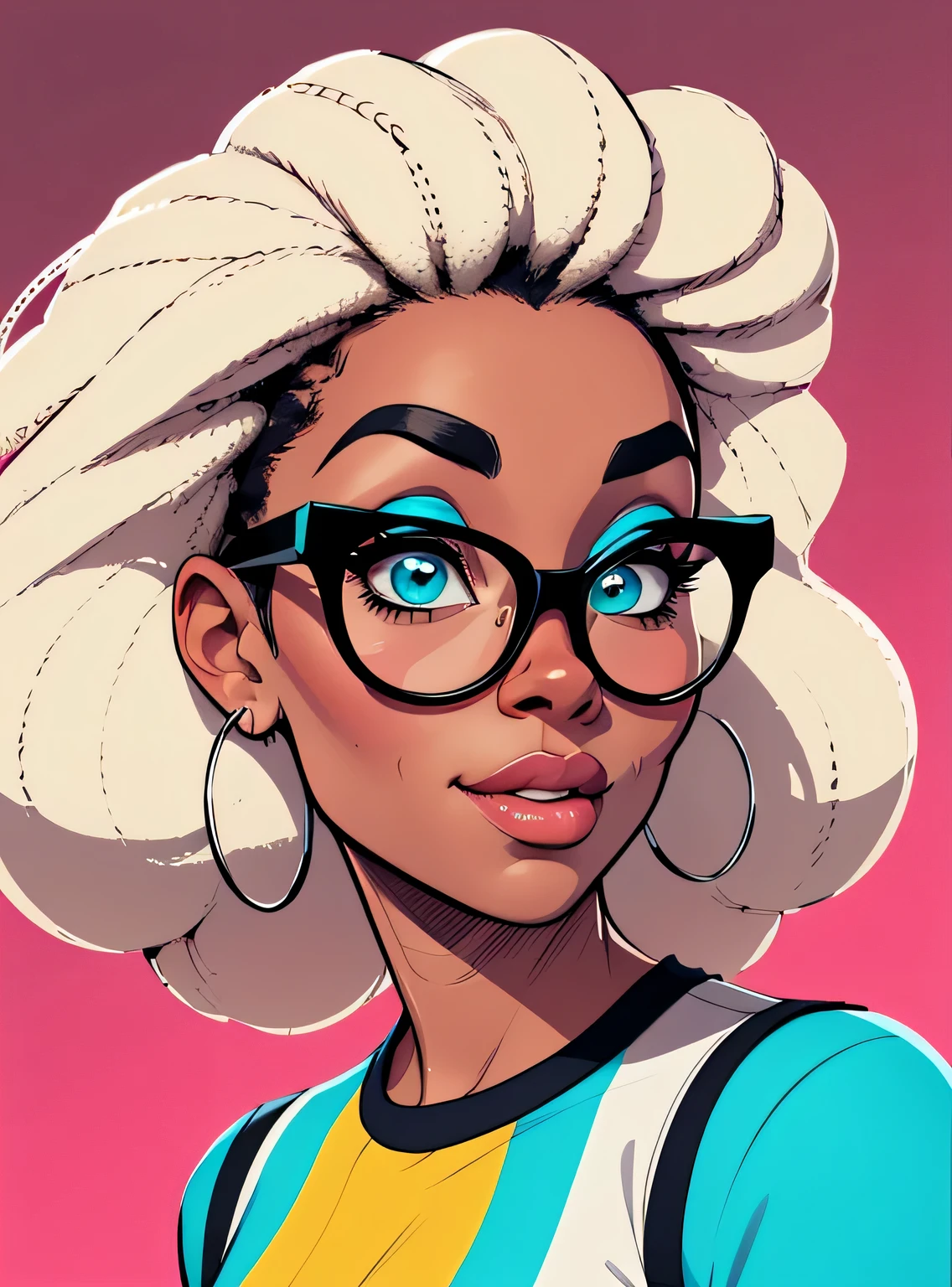 (estilo de desenho animado:1.2), Cartoon image of a woman with big African hair and big round glasses, garota negra super fofa e descolada, cartoon style illustration, estilo de arte dos desenhos animados, estilo de arte dos desenhos animados, digital illustration style, design de personagens altamente detalhado, arte digital detalhada fofa, City Girl Fan Art, design de personagem retrato, beautiful digital illustration, retrato de alta qualidade, arte em quadrinhos, Africa, retrato do design do personagem, fundo de listras