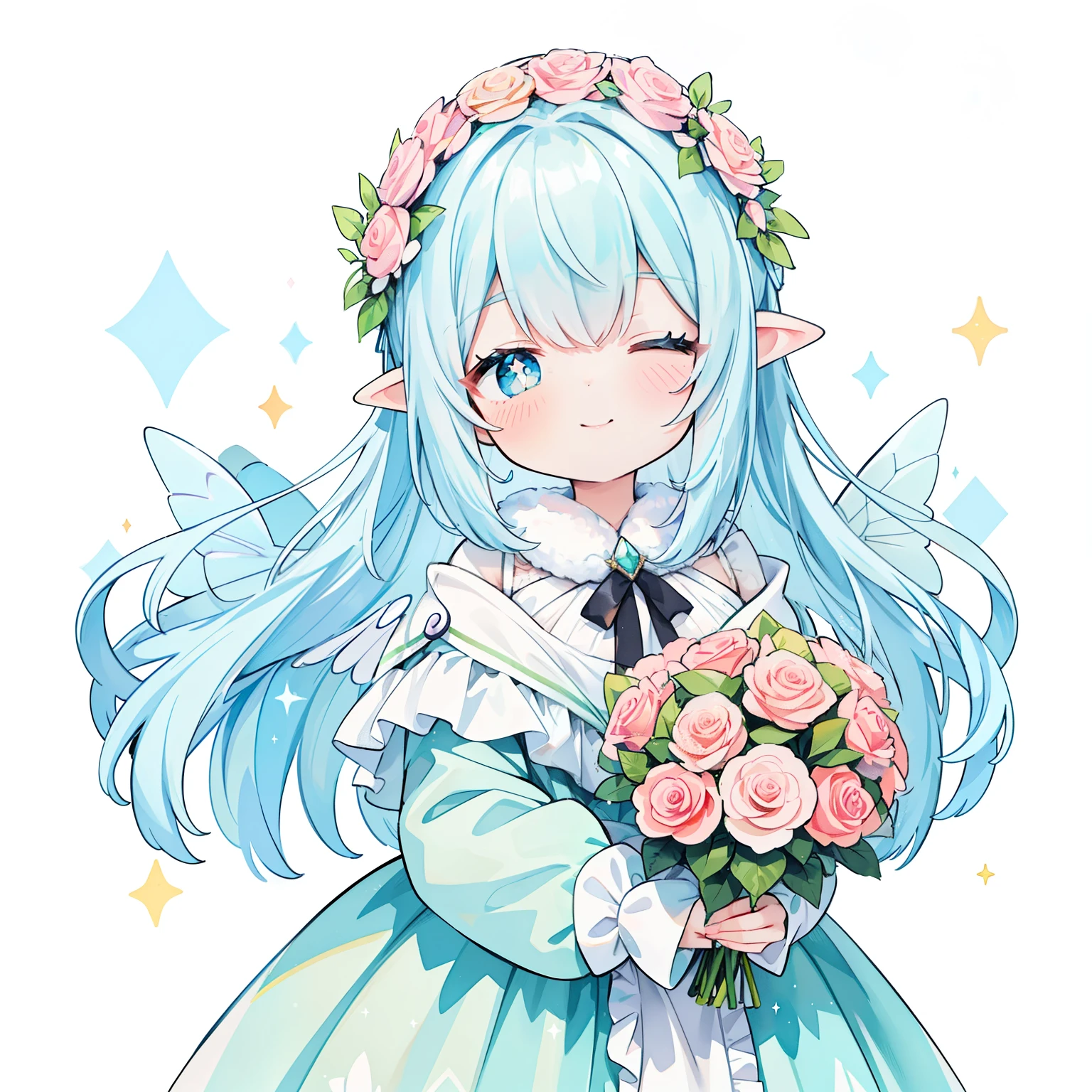 1girl in、(PastelColors:1.3)、(Cute illustration:1.3)、(watercolor paiting:1.1)、On White Background、jumpping、levitation、A smile、Aster Harmony Garden Sprite,White snow、Noelle、silber hair、
Jumpsuit with oversized butterfly wings in pastel colors,
Playful ruffles and layers create a whimsical touch,
Narrow your waist to create a beautiful silhouette,
something that wears a wreath decorated with flowers,
I tied a ribbon to my braided hair....:1.3.....,
Lace-up sandals or ballet shoes with ribbon ties,
Moist makeup with pastel eyeshadow,
Add glitter and petal accents to the cheeks,
、 ,Thick wool gown:0.4、beautiful fairy girl in tiered colorful gradient ballgown dress, (highest quality,masterpiece,16K or 8K,Super detailed,gradient glitter ),(Upper body、front)、A dress decorated with lots of frills and flower decorations、 fairy princess、 giant white fairy wings、 Flowers and colorful plants, beautiful, masterpiece, highest quality、gradient hair, light blue hair, floating hair, wavy hair,fluffy hair、 Hair in the wind, pastel wreath on head,Lavender colored eyes, long eyelashes, beautiful eyes、pointed ears, light smile, bright pupils, ((Sparkling fluffy layered ball gown)), (He closes his eyes and opens his mouth and smiles happily.),((He holds a large bouquet of pastel colored flowers in his hand.))(magic, Whimsical),digital illustration, highest quality,High resolution, romantic academia, romantic atmosphere, fantasy, white background, with a rose, with a tree, in the field of flowers, in the rose garden, happy, laughing,