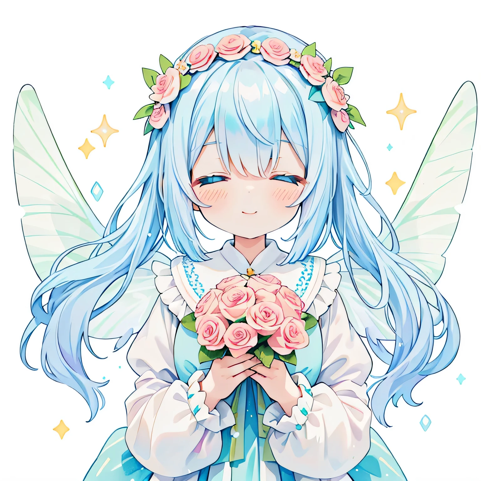 1girl in、(PastelColors:1.3)、(Cute illustration:1.3)、(watercolor paiting:1.1)、On White Background、jumpping、levitation、A smile、Aster Harmony Garden Sprite,White snow、Noelle、silber hair、
Jumpsuit with oversized butterfly wings in pastel colors,
Playful ruffles and layers create a whimsical touch,
Narrow your waist to create a beautiful silhouette,
something that wears a wreath decorated with flowers,
I tied a ribbon to my braided hair....：1.3.....,
Lace-up sandals or ballet shoes with ribbon ties,
Moist makeup with pastel eyeshadow,
Add glitter and petal accents to the cheeks,
、 ,Thick wool gown:0.4、beautiful fairy girl in tiered colorful gradient ballgown dress, (highest quality,masterpiece,16K or 8K,Super detailed,gradient glitter ),(Upper body、front)、A dress decorated with lots of frills and flower decorations、 fairy princess、 giant white fairy wings、 Flowers and colorful plants, beautiful, masterpiece, highest quality、gradient hair, light blue hair, floating hair, wavy hair,fluffy hair、 Hair in the wind, pastel wreath on head,Lavender colored eyes, long eyelashes, beautiful eyes、pointed ears, light smile, bright pupils, ((Sparkling fluffy layered ball gown)), (He closes his eyes and opens his mouth and smiles happily.),((He holds a large bouquet of pastel colored flowers in his hand.))(magic, Whimsical),digital illustration, highest quality,High resolution,  romantic academia, romantic atmosphere, fantasy, white background, with a rose, with a tree, in the field of flowers, in the rose garden, happy, laughing,