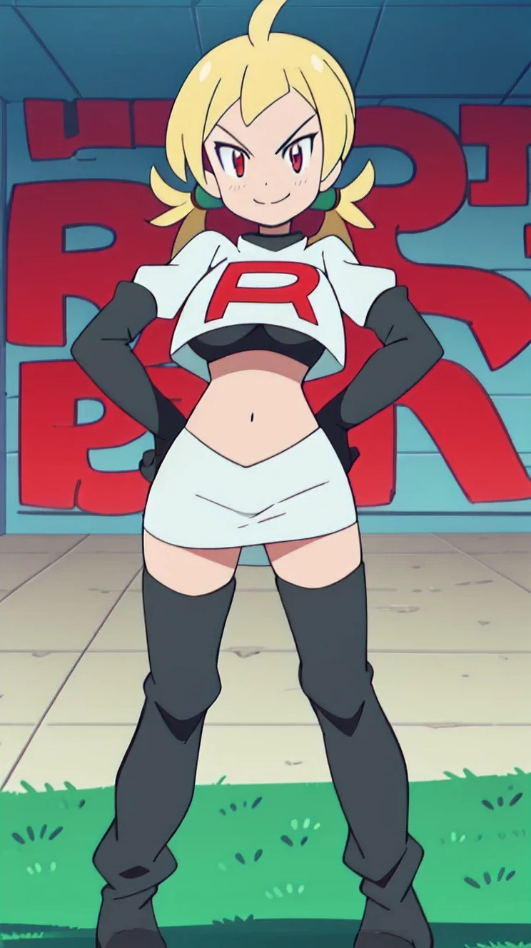 1girl in, (Solo:1.2), (Perfect body:1.1), (Best Quality:1.1), Cute Girl, Tsundere:1.1, (student clothes:1.4), (tiered layers skirt:1.2), very large breast, a blond, Long twintails, Black Ribbon Hair Fastening, Tsuriformes, sharp eye, Sanpaku eyes, (Seductive smile:1.5), Noble atmosphere, Fine-grained skin, (Choker with a heart gem:1.1), View of the valley, Navel Ejection, Raw feet, a belt on the thighhigh, Bright red eyes, Shining eyes, (NSFW:0.8), 8K, a belt on the thighhigh, Skinny Legs, School grounds with grass, full body seen, (Looking down here:1.2), (Loose socks:1.3), I don't have anything in my hands, No one around,,masterpiece, best quality, highres,team rocket uniform, red letter r, white skirt, white crop top, black thigh-high boots, black elbow gloves, glaring angrily, looking at viewer, hands on hips, full body seen, zettai ryouikimasterpiece, best quality, highres,team rocket uniform, red letter r, white skirt, white crop top, black thigh-high boots, black elbow gloves, glaring angrily, looking at viewer, hands on hips, full body seen, zettai ryouiki

