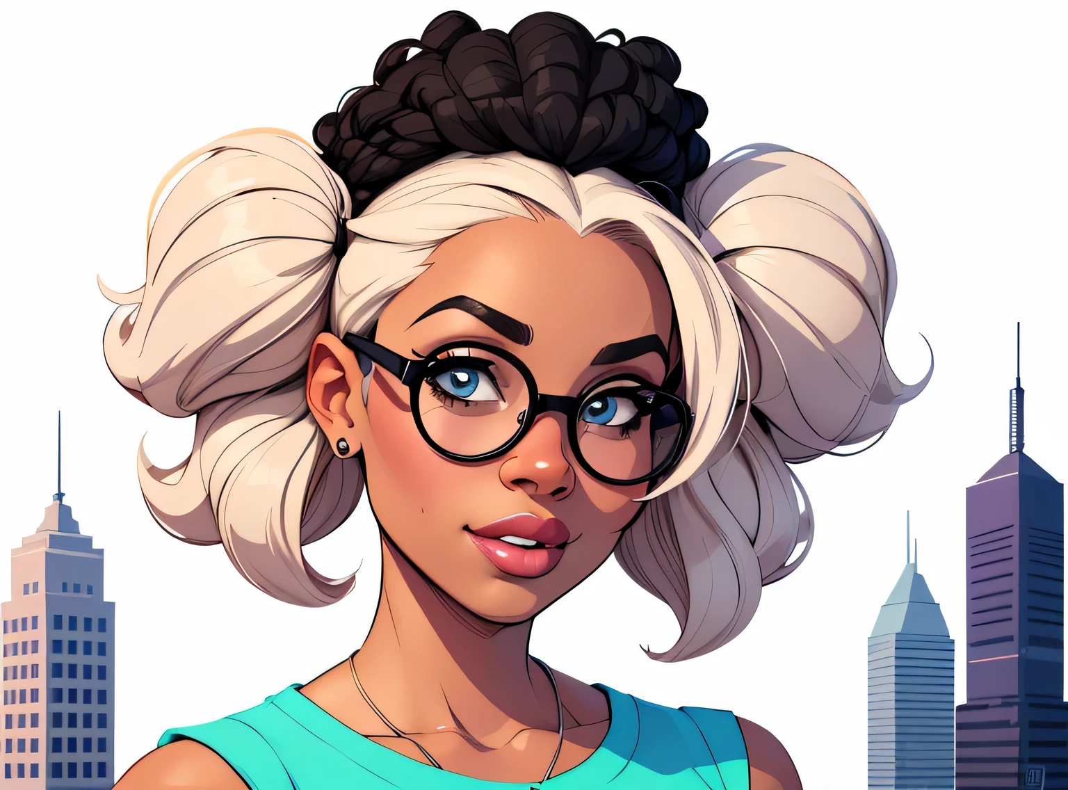 (estilo de desenho animado:1.2), Cartoon image of a woman with big African hair and big round glasses, garota negra super fofa e descolada, cartoon style illustration, estilo de arte dos desenhos animados, estilo de arte dos desenhos animados, digital illustration style, design de personagens altamente detalhado, arte digital detalhada fofa, City Girl Fan Art, design de personagem retrato, beautiful digital illustration, retrato de alta qualidade, arte em quadrinhos, Africa, retrato do design do personagem, fundo branco