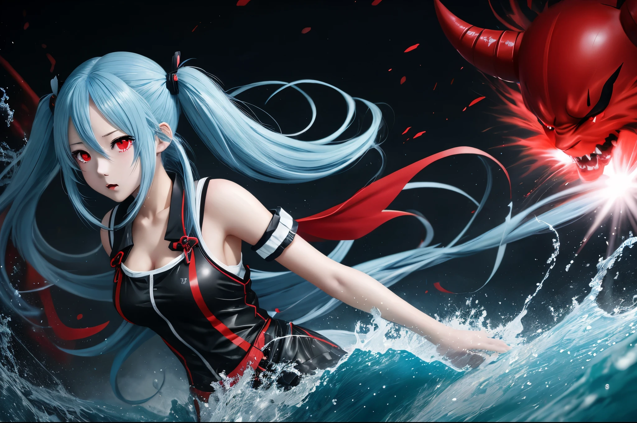 Light blue long hair、A girl with twin tails is running chasing a red demon、black eyes、splash art anime , anime style 4k, anime moe art style