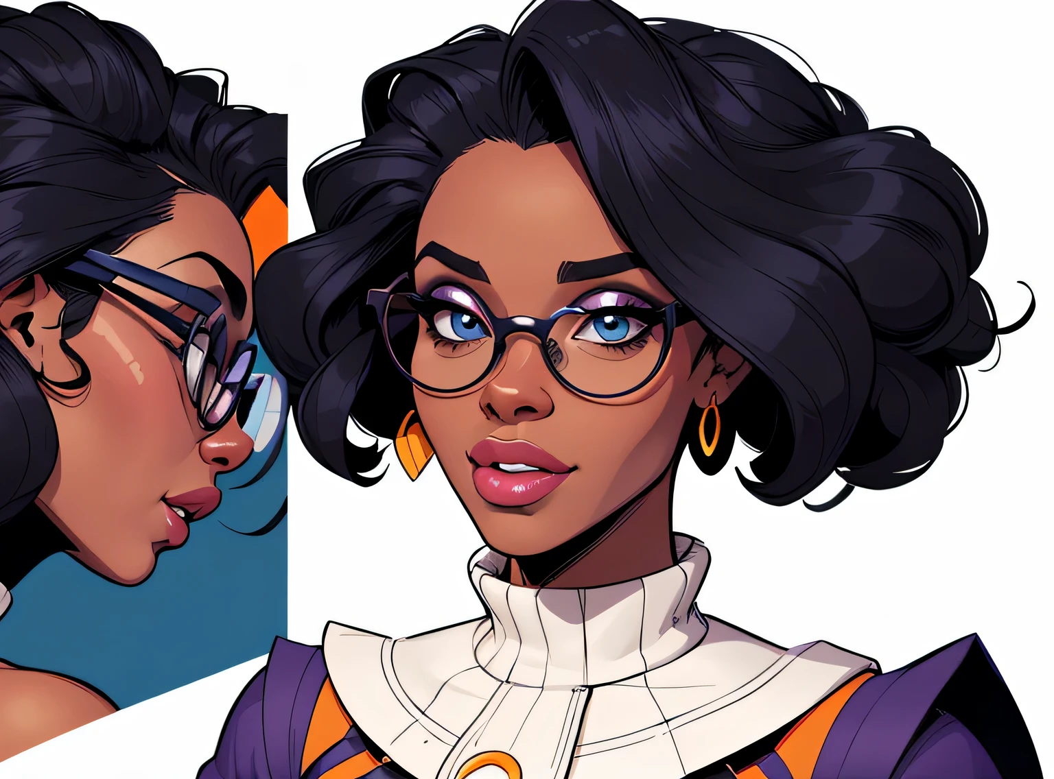 (estilo de desenho animado:1.2), Cartoon image of a woman with big African hair and big round glasses, garota negra super fofa e descolada, cartoon style illustration, estilo de arte dos desenhos animados, estilo de arte dos desenhos animados, digital illustration style, design de personagens altamente detalhado, arte digital detalhada fofa, City Girl Fan Art, design de personagem retrato, beautiful digital illustration, retrato de alta qualidade, arte em quadrinhos, Africa, retrato do design do personagem, fundo branco