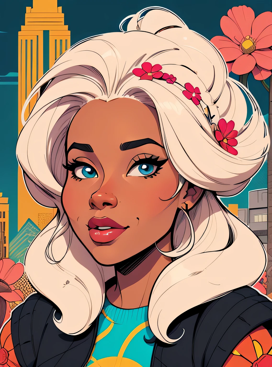 (estilo de desenho animado:1.2), Cartoon image of a woman with big African hair and coffee, garota negra super fofa e descolada, cartoon style illustration, estilo de arte dos desenhos animados, estilo de arte dos desenhos animados, digital illustration style, design de personagens altamente detalhado, arte digital detalhada fofa, City Girl Fan Art, design de personagem retrato, beautiful digital illustration, retrato de alta qualidade, arte em quadrinhos, Africa, retrato do design do personagem, fundo floral