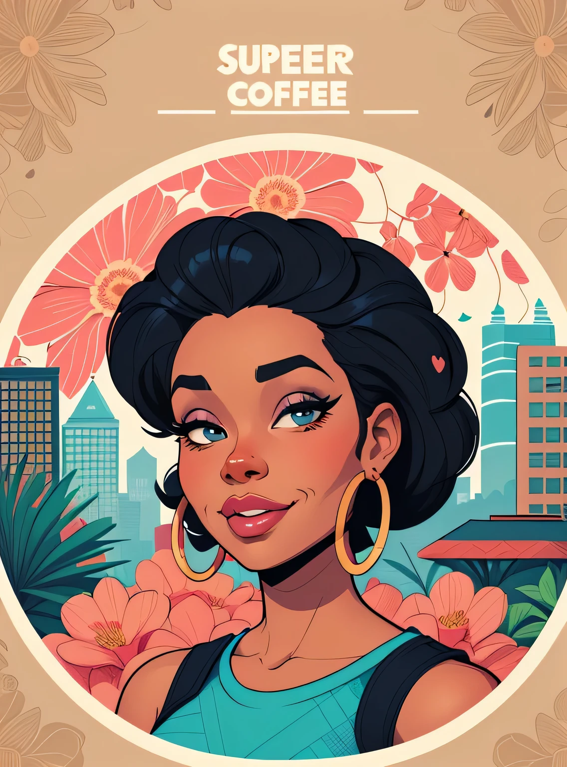 (estilo de desenho animado:1.2), Cartoon image of a woman with big African hair and coffee, garota negra super fofa e descolada, cartoon style illustration, estilo de arte dos desenhos animados, estilo de arte dos desenhos animados, digital illustration style, design de personagens altamente detalhado, arte digital detalhada fofa, City Girl Fan Art, design de personagem retrato, beautiful digital illustration, retrato de alta qualidade, arte em quadrinhos, Africa, retrato do design do personagem, fundo floral