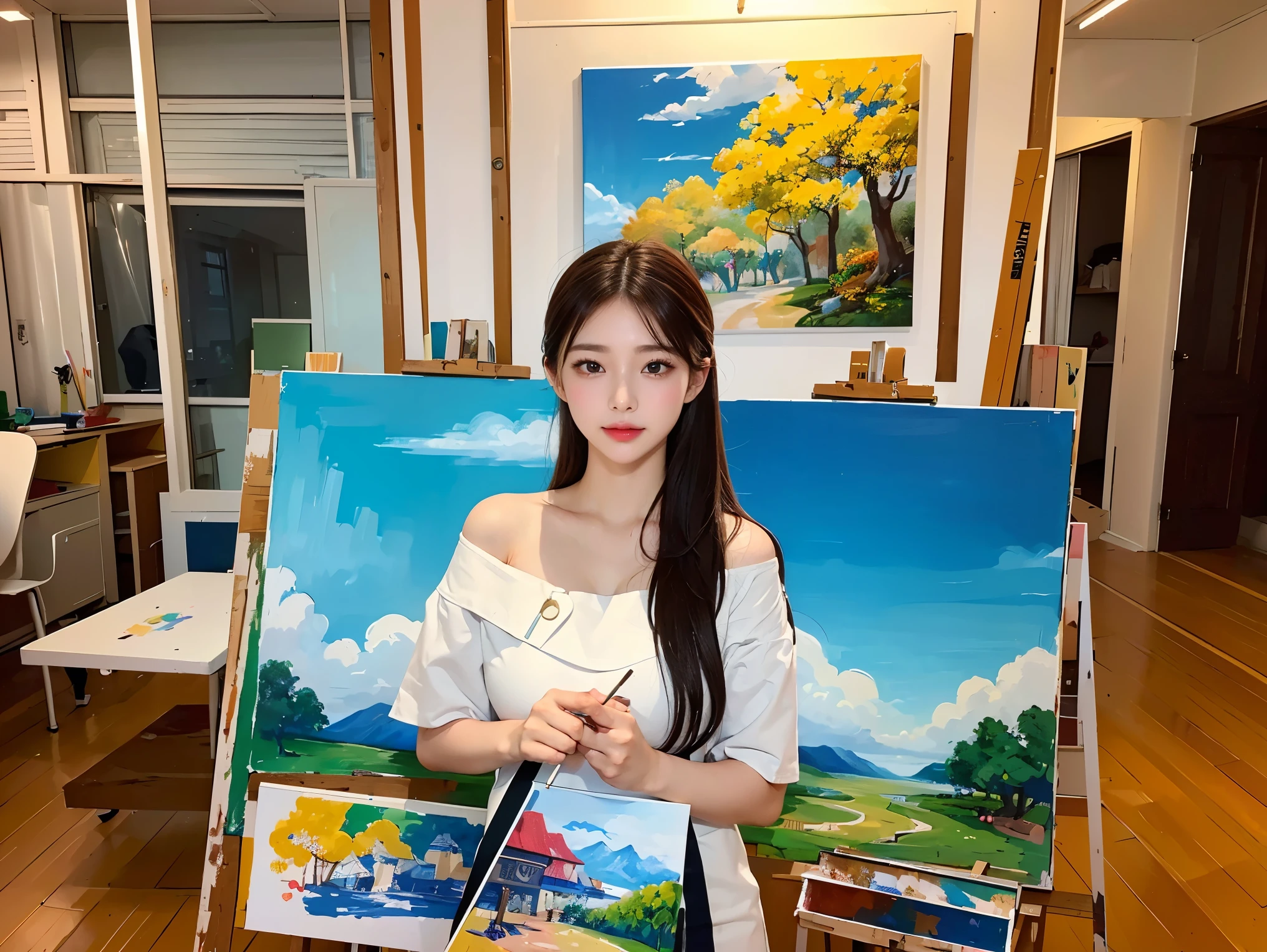(beautiful asian female painter、Painting on canvas。with a concentrated look、Finishing a colorful landscape painting。),BREAK (A story of art and sensitivity、working in the atelier。A canvas is propped up on an easel。There are many paints on the palette。Art materials and works are displayed on the walls。),BREAK (In a creative and lively atmosphere、Take sharp pictures with a standard lens。The color saturation is high、Contrast is low、The color is a combination of vibrancy and calmness.。)