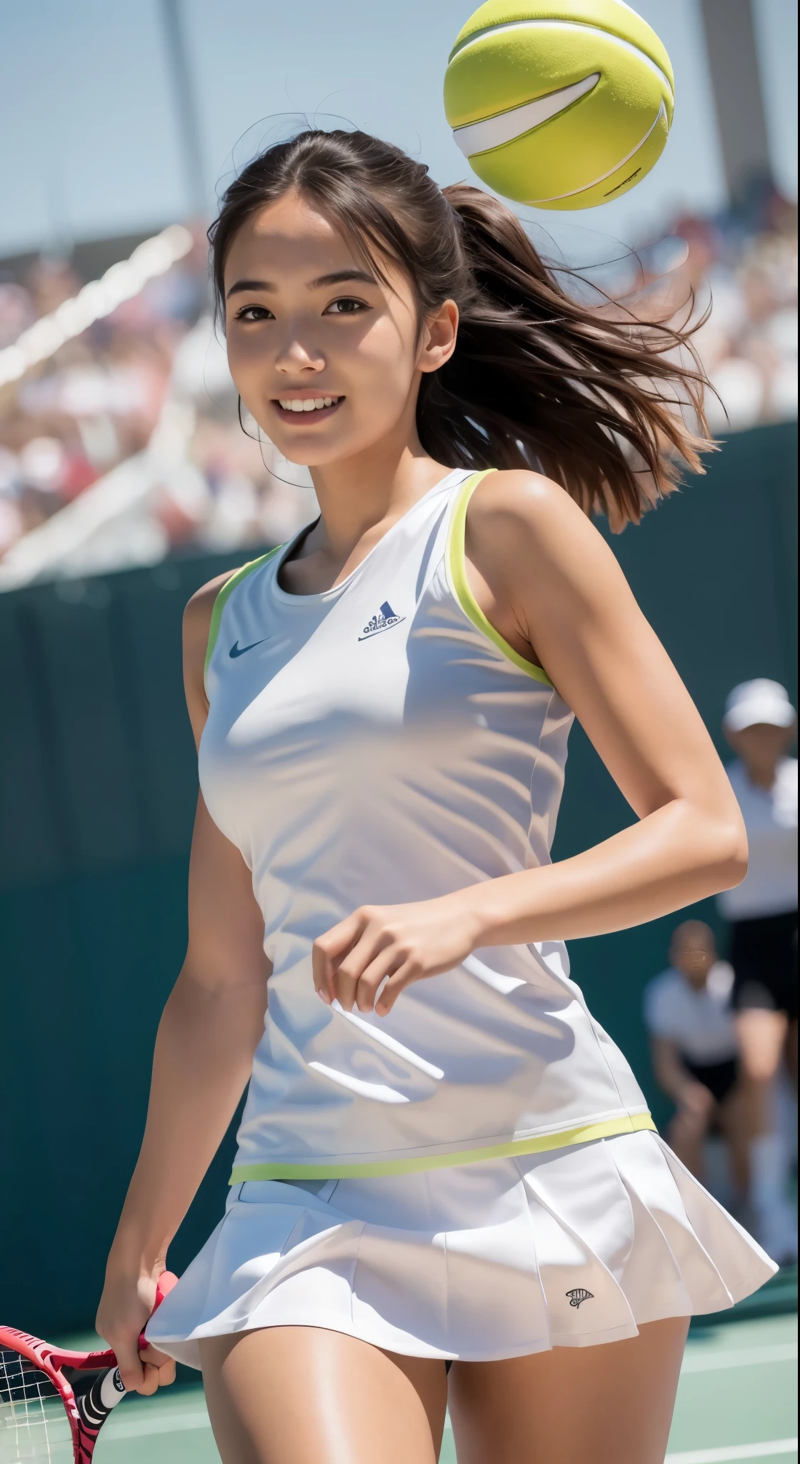 (8K, highest quality, masterpiece: 1.2), (realistic, realistic: 1.37), Super detailed, 1 girl, 20-year-old, big, beauty, cute, smile, alone, tennis wear, mini skirt, White undercoat、beautiful thighs、Beautiful camel toe、Tennis court, racket, tennis ball, (nose redness), (smile: 1.15), (opened mouth), beautiful eyes, (long hair: 1.2), floating hair nova frog style, Upper body