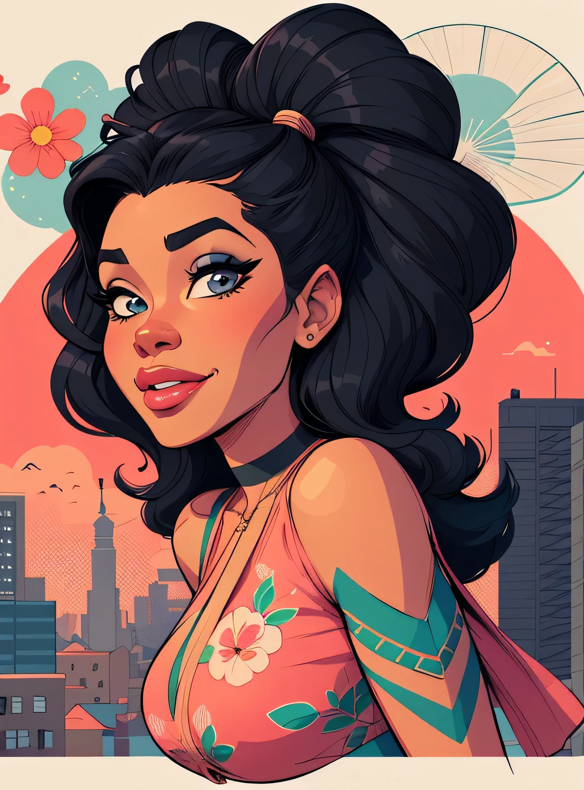 (estilo de desenho animado:1.2), Cartoon image of a woman with big African hair and coffee, garota negra super fofa e descolada, cartoon style illustration, estilo de arte dos desenhos animados, estilo de arte dos desenhos animados, digital illustration style, design de personagens altamente detalhado, arte digital detalhada fofa, City Girl Fan Art, design de personagem retrato, beautiful digital illustration, retrato de alta qualidade, arte em quadrinhos, Africa, retrato do design do personagem, fundo floral